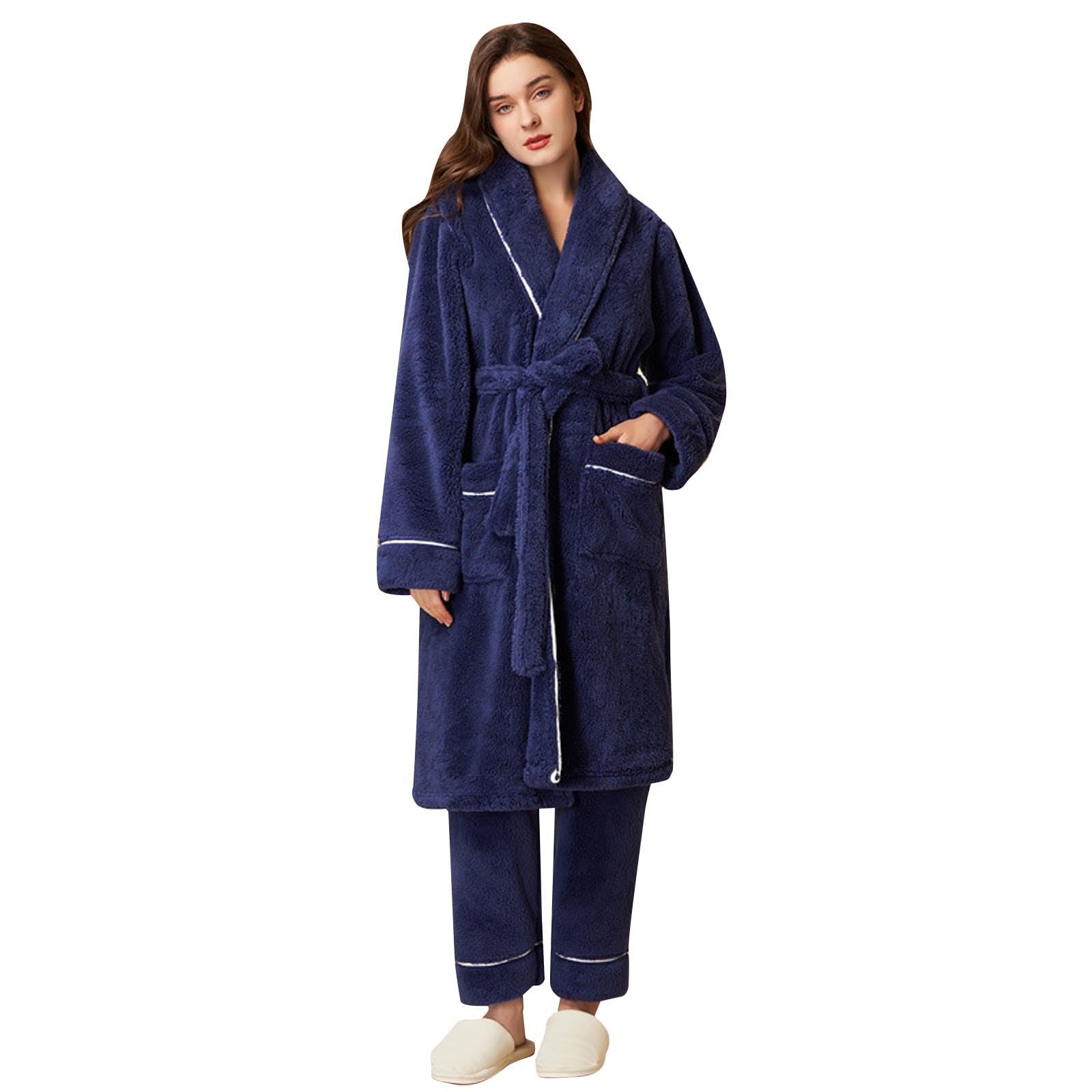 Generisch Albornoz de franela para mujer, cómodo pijama simple de forro polar de coral, albornoz de secado rápido, bata de casa con cinturón, para invierno, albornoz largo y grueso para sauna, poncho