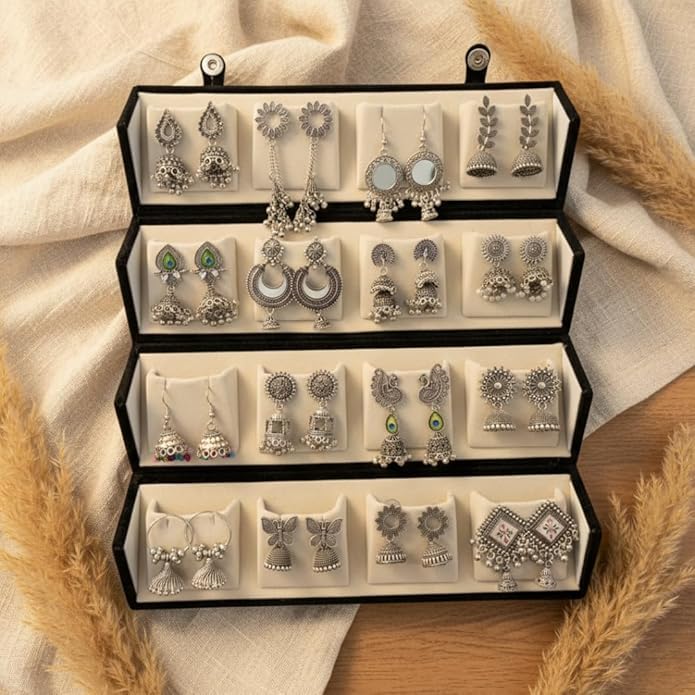 Image of Oxidised Silver Jhumki Earrings Gift Hamper | Set of 16 Traditional Jhumkas with Folder-Style Jewellery Organizer | Ethnic Earrings Combo for Women & Girls | Perfect for Festive & Wedding Gifting for your pasandita