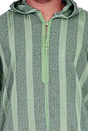 Treasures Of Morocco Moroccan Men Djellaba Handmade Hooded Caftan Green With Matching Embroidery Tread Thobe Loungewear African X-Large2