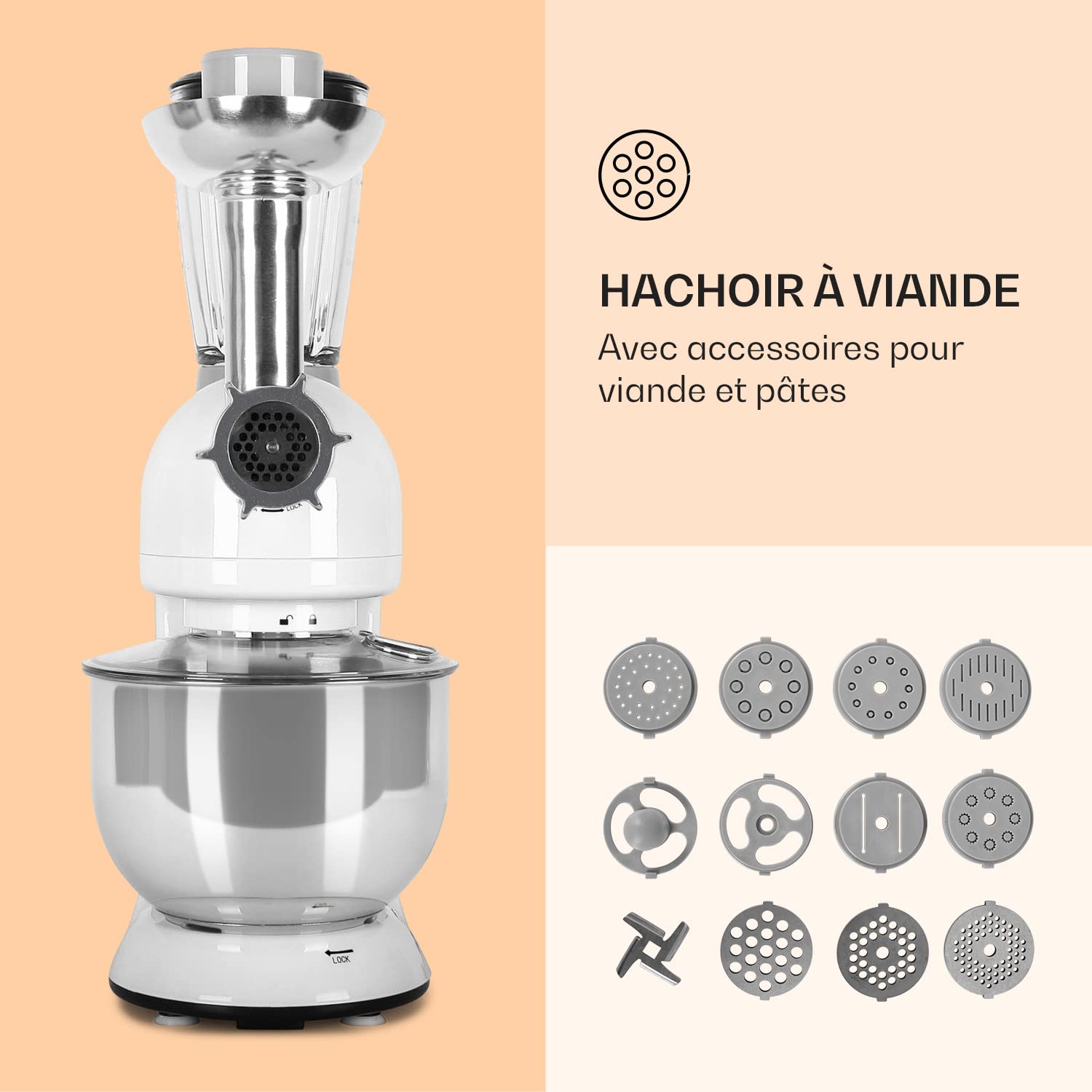 Klarstein Robot Patissier Multifonctions, Batteur sur Socle, Bol 5L, Robot Cuisine 1800W, Blender 1.5L, Multifonction Petrin Boulangerie, Hachoir à Viande, Batteur Electrique Cuisine, 6 Vitesses