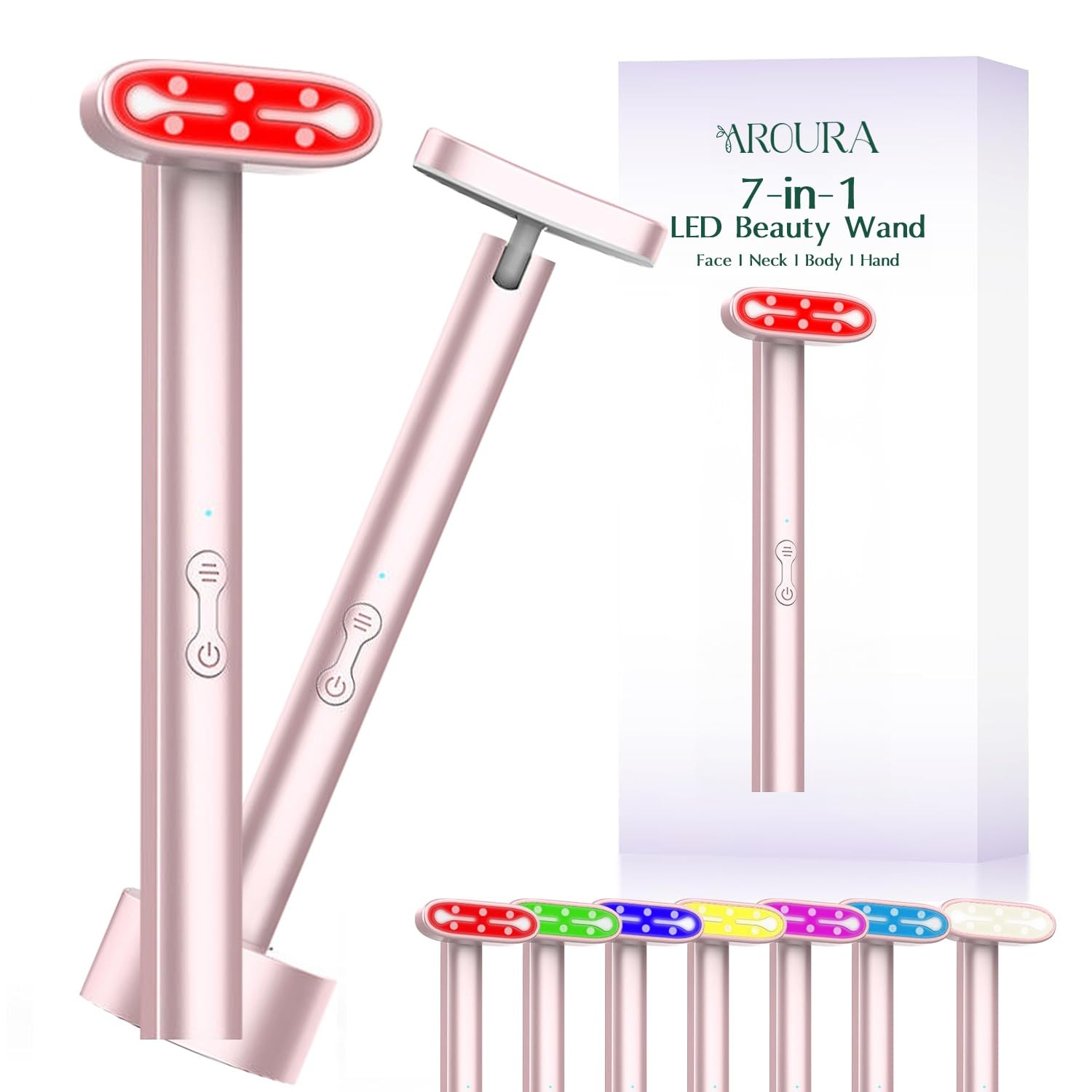 Aroura Beauty Light-Therapy Wand, Red Light Therapy for Face and Neck, 7in1 LED Beauty Wand, Red & Blue Rejuvenation, Face & Eye Massager Skincare Tool, Anti-Aging, Wrinkle Reduction, Skin Tightening
