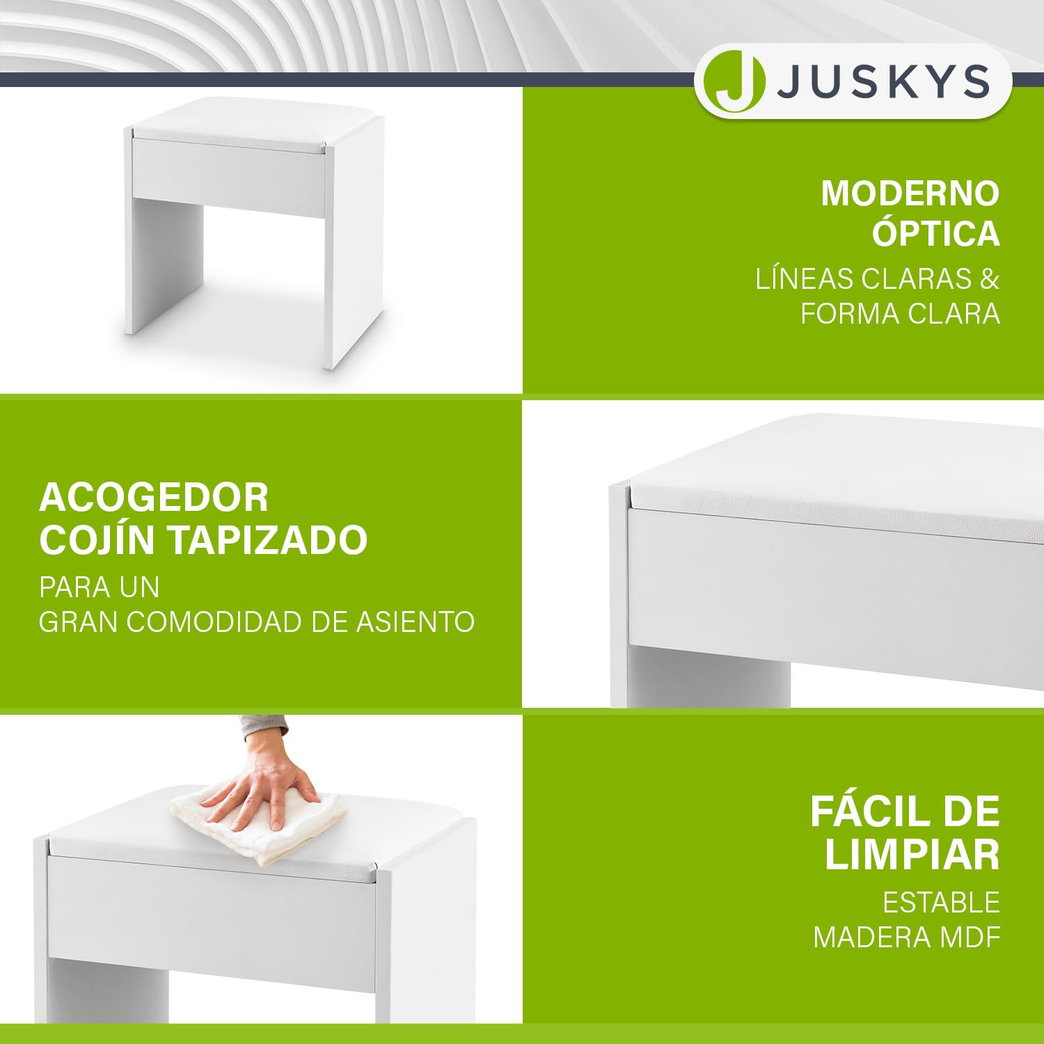 Juskys Tocador Melly Con Taburete - Madera Con Cojín Acolchado y Funda de Polipiel - Moderno y Acolchado de 40 x 30 x 43 cm en Blanco