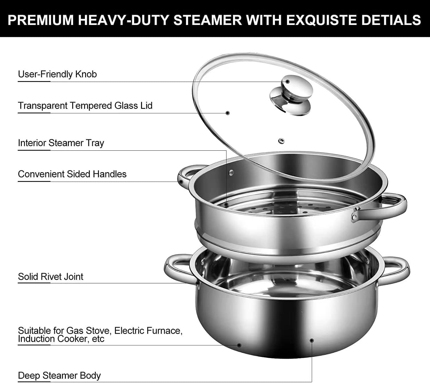 AMERTEER 2-Tier Stainless Steel Steamer For Cooking, 22cm Multi-Layer Steamer Pot With Handles On Both Sides, Steamer Capsule Bottom With Glass Lid - Dumpling Steamer Food, Steam Pot, Veggie Steamer