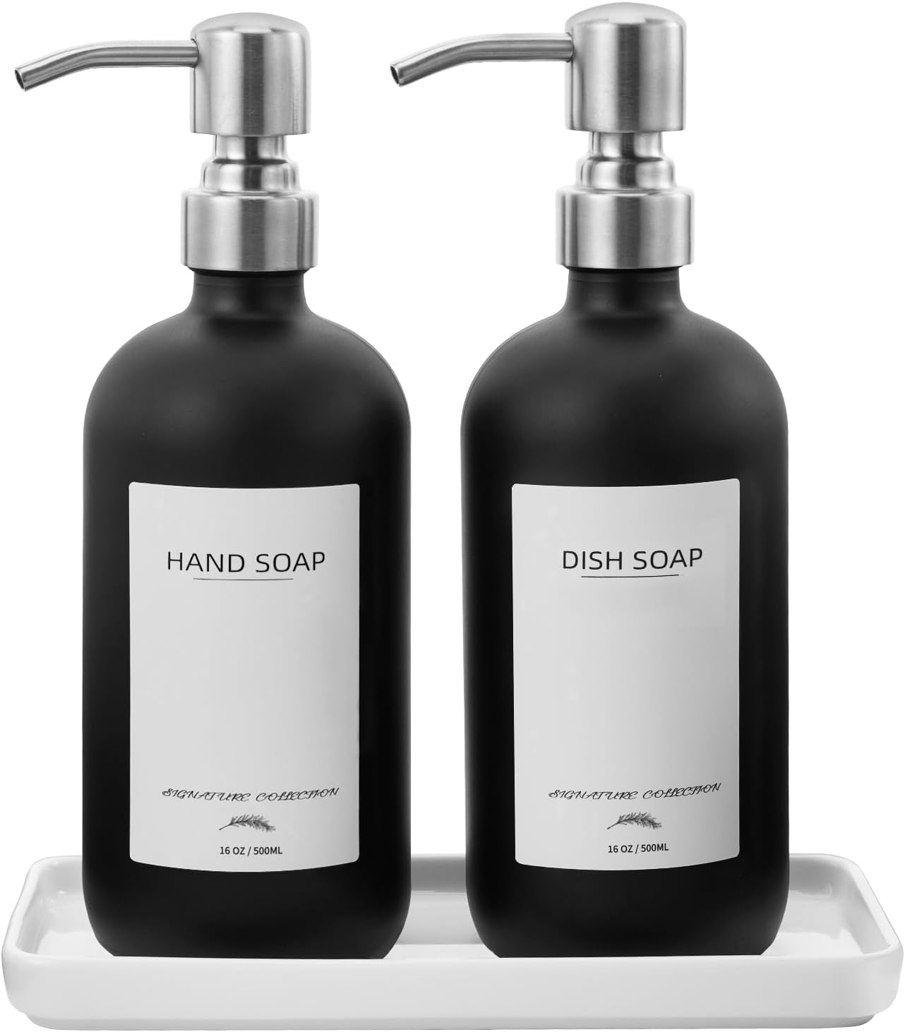 Dispensador de jabón para platos de vidrio con bandeja de cerámica y bomba de acero inoxidable, juego de dispensador de jabón de cocina con 12