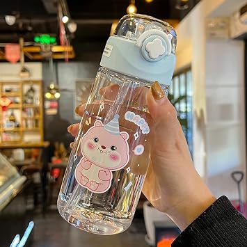 Kawaii Water Bottle Cute Bottles with Straw for Kid Women with Comfortable 3D Stickers, Portable Leakproof Water Jug
