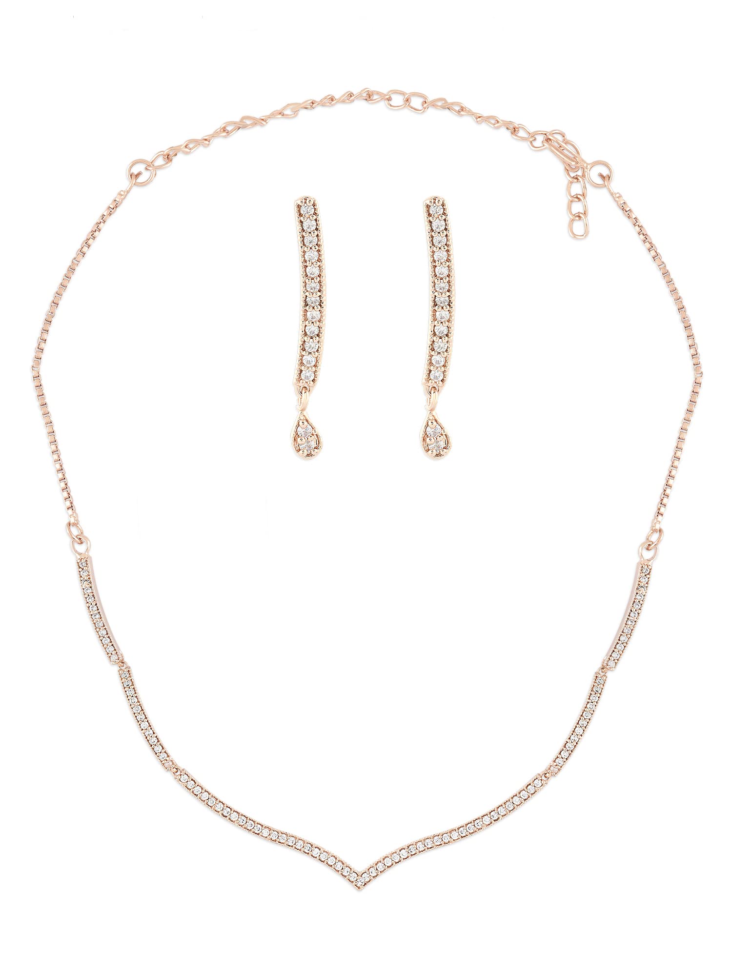 ZAVERI PEARLSRose Gold Cubic Zirconia Contemporary Sleek Necklace & Earring Set For Women-ZPFK15483