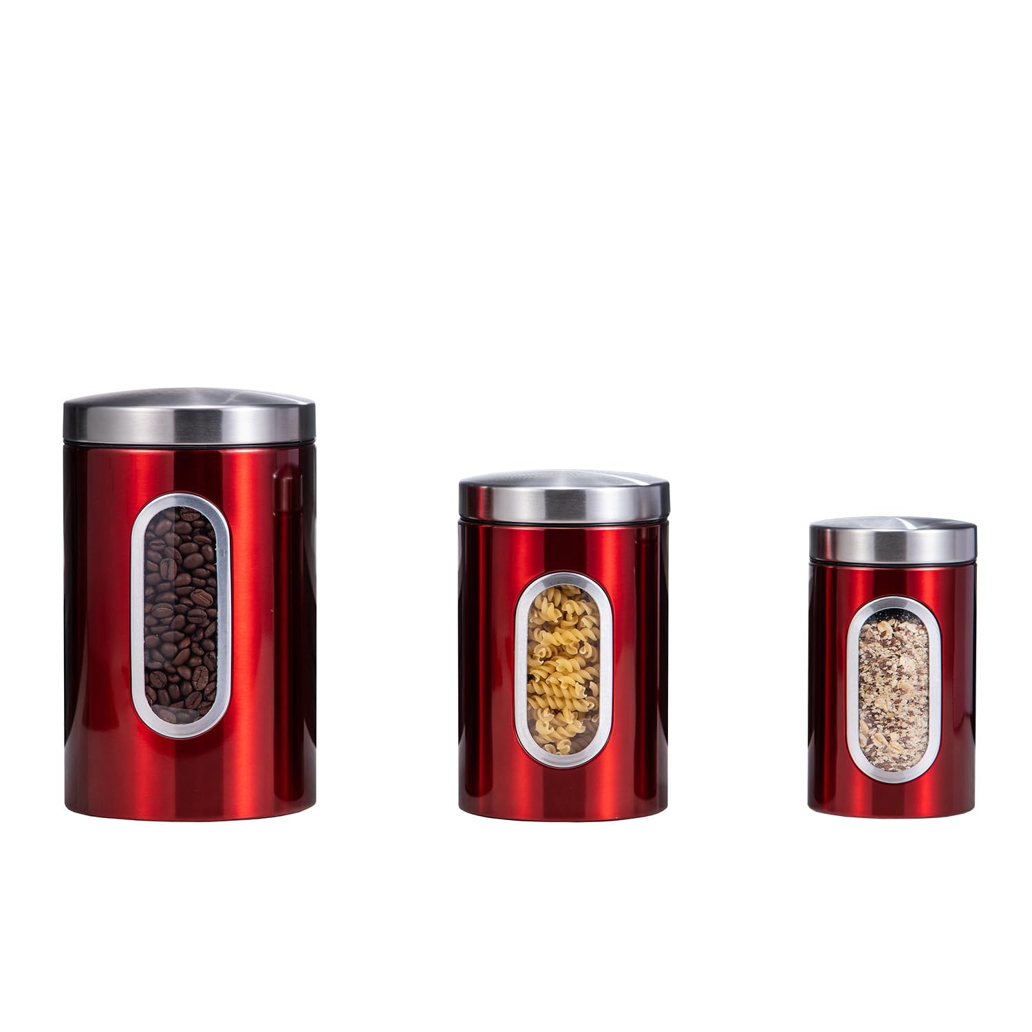 Transparent Red Canisters Sets of 3 Pieces For The Kitchen,0.9/1.6/2.9 Quarts Stainless Steel Coffee Sugar Tea Candy Storage Jars with Window for Home Kitchen Decoration and Accessories