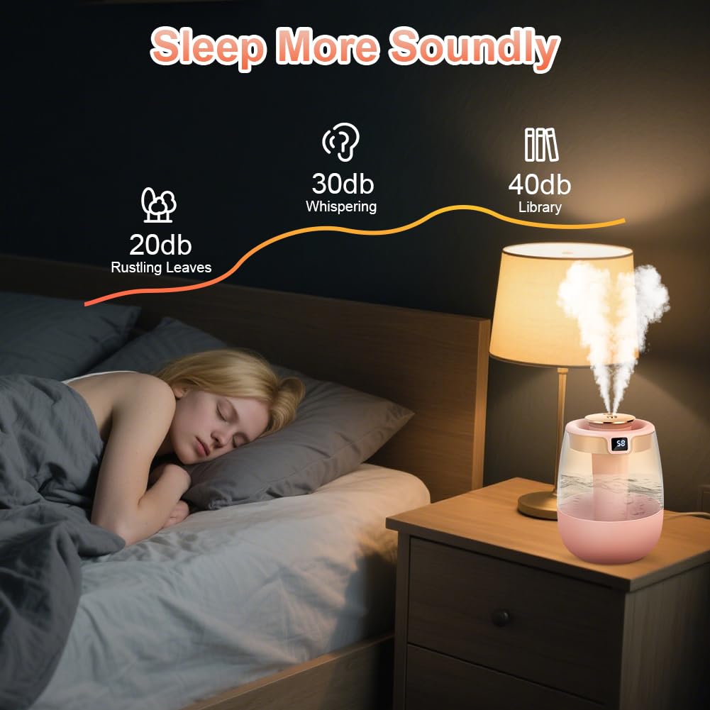 Humidificador 1.8L Silencioso para Bebes Doble Cámara con Pantalla de Humedad Inteligente Tres Modos Luz Nocturna UV USB Rosa