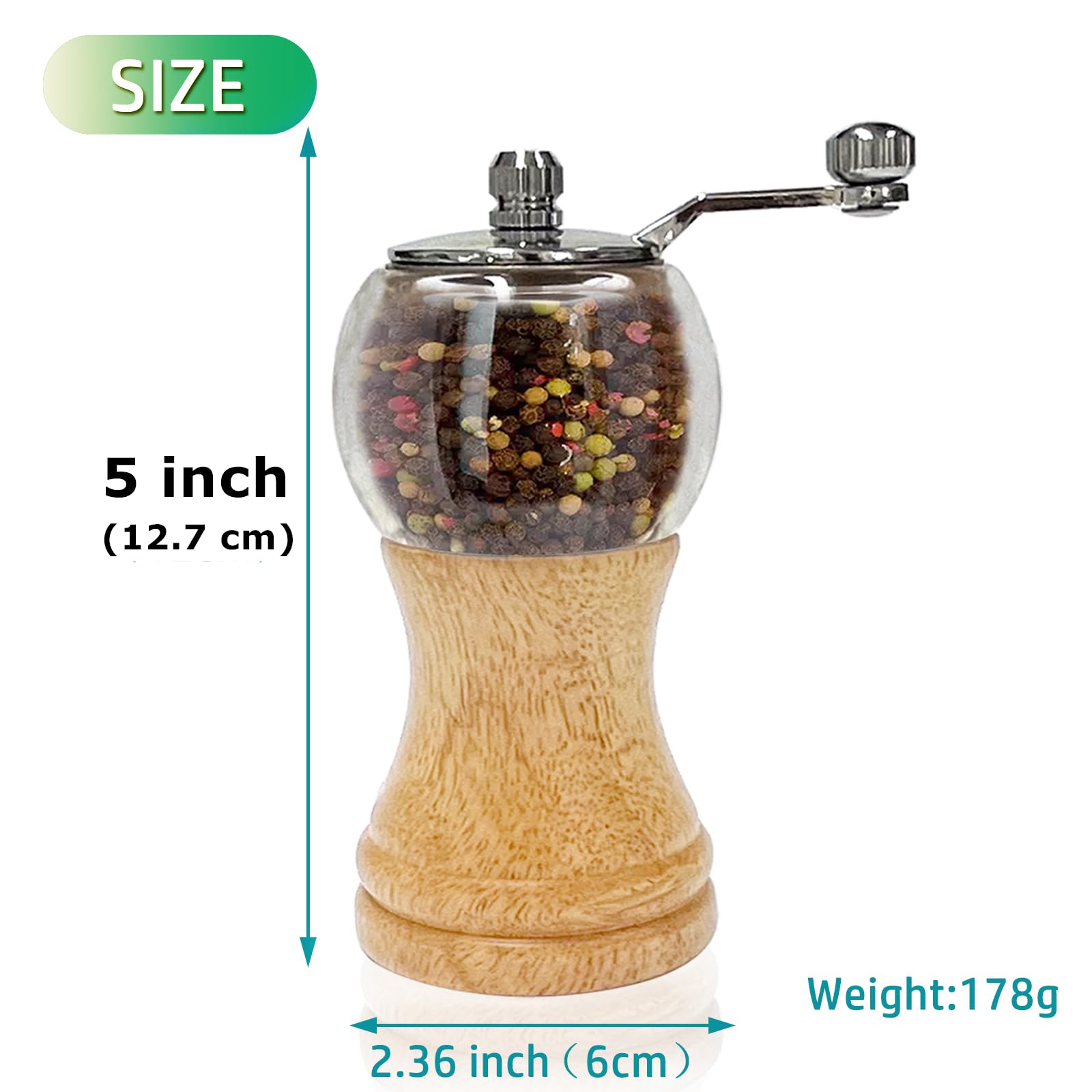 Set 2 macina sale e macina pepe, Macinino manuale in legno massiccio per macinare pepe e sale, Nucleo di macinazione in ceramica grana regolabile, macina sale pepe spezie (Colore del legno 2pcs-5in)