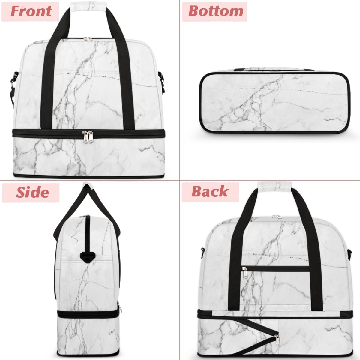 Bolsa de viaje plegable de mármol blanco con textura, bolsa de fin de semana de mármol de 47 litros con manga de carrito bolsa de hombro separada para deportes, gimnasio, viajes, multicolor, 47L,