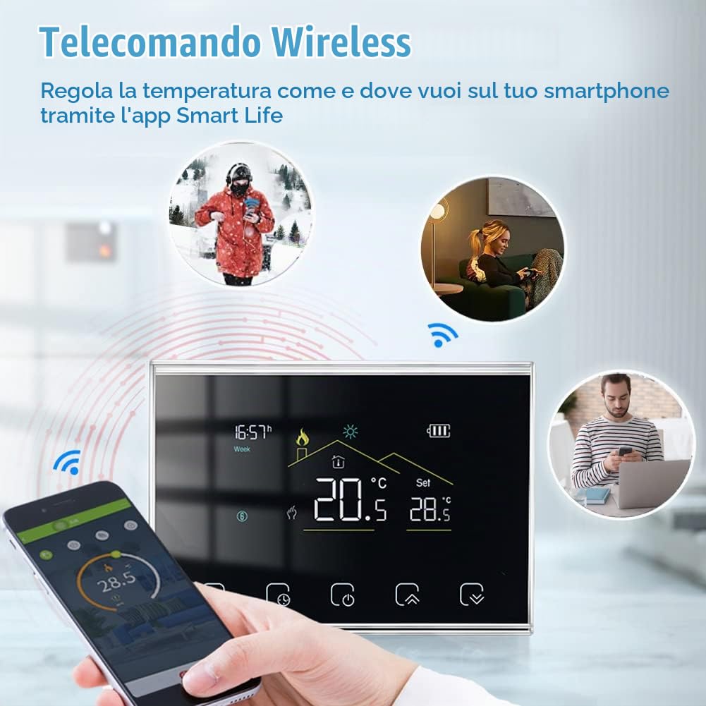 Termostato Wifi a Batteria,Termostato Caldaia a Gas Compatibile Con Alexa Google Home,Cronotermostato Wifi Smart a Batteria con Digitale Programmazione,Termostati per Riscaldamento Domestico