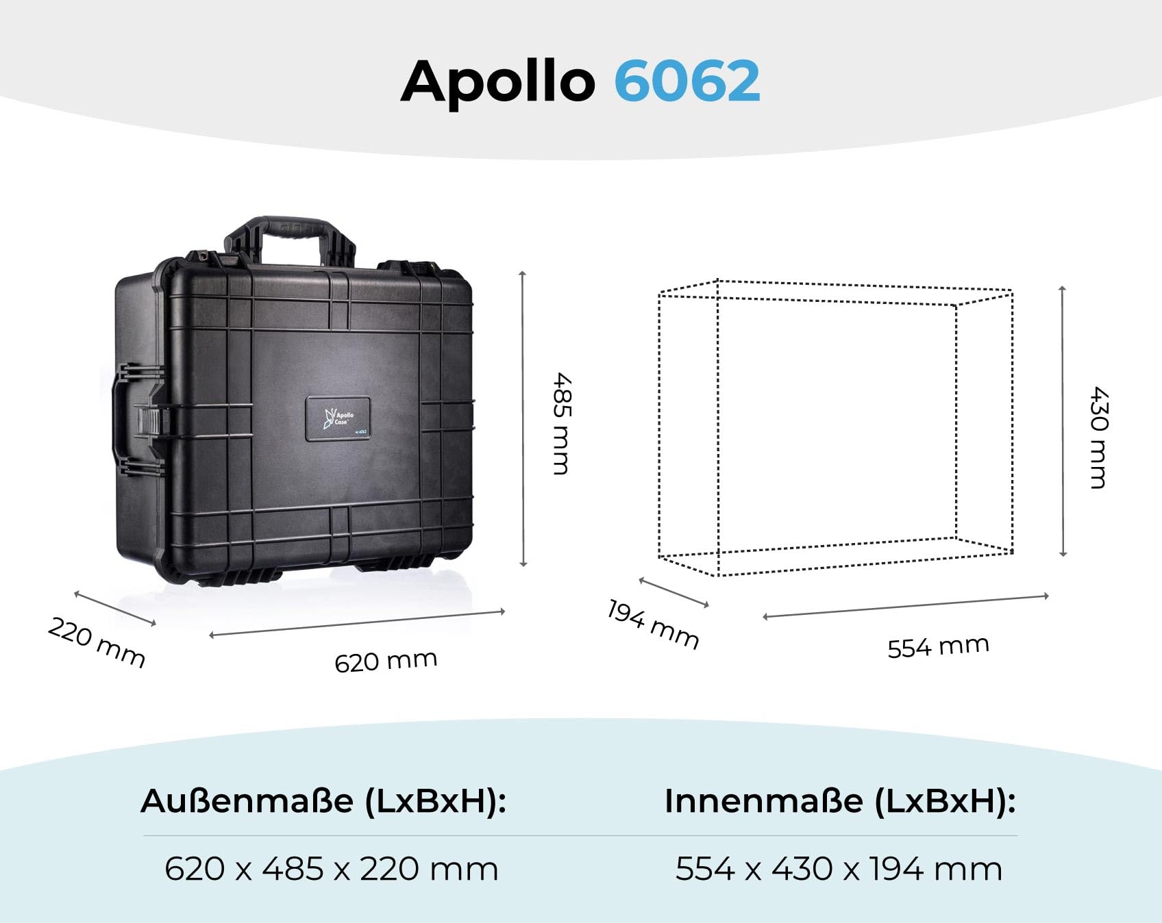 Apollo 6062 - Custodia protettiva in plastica resistente con schiuma multistrato, antiurto, design sottile, antigraffio e leggera, interno personalizzabile, Nero , Minimalista, plastica