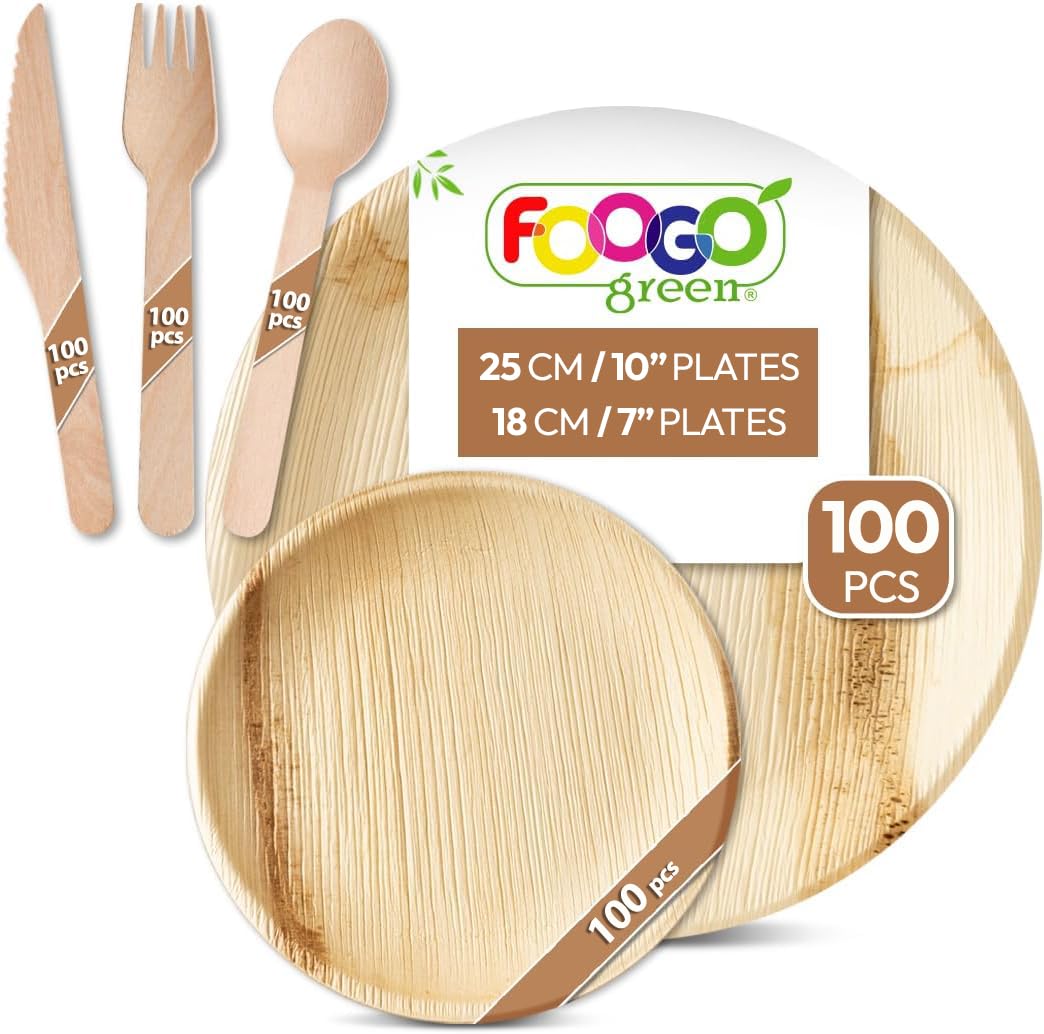 FOOGO Green 500pcs Disposable Palm Leaf Plates and Wooden Cutlery Set, FSC® Certified, 100x Large Round, 100xSmall Plates, 100xSpoons, 100xForks, 100xKnives, Eco Biodegradable — image 1