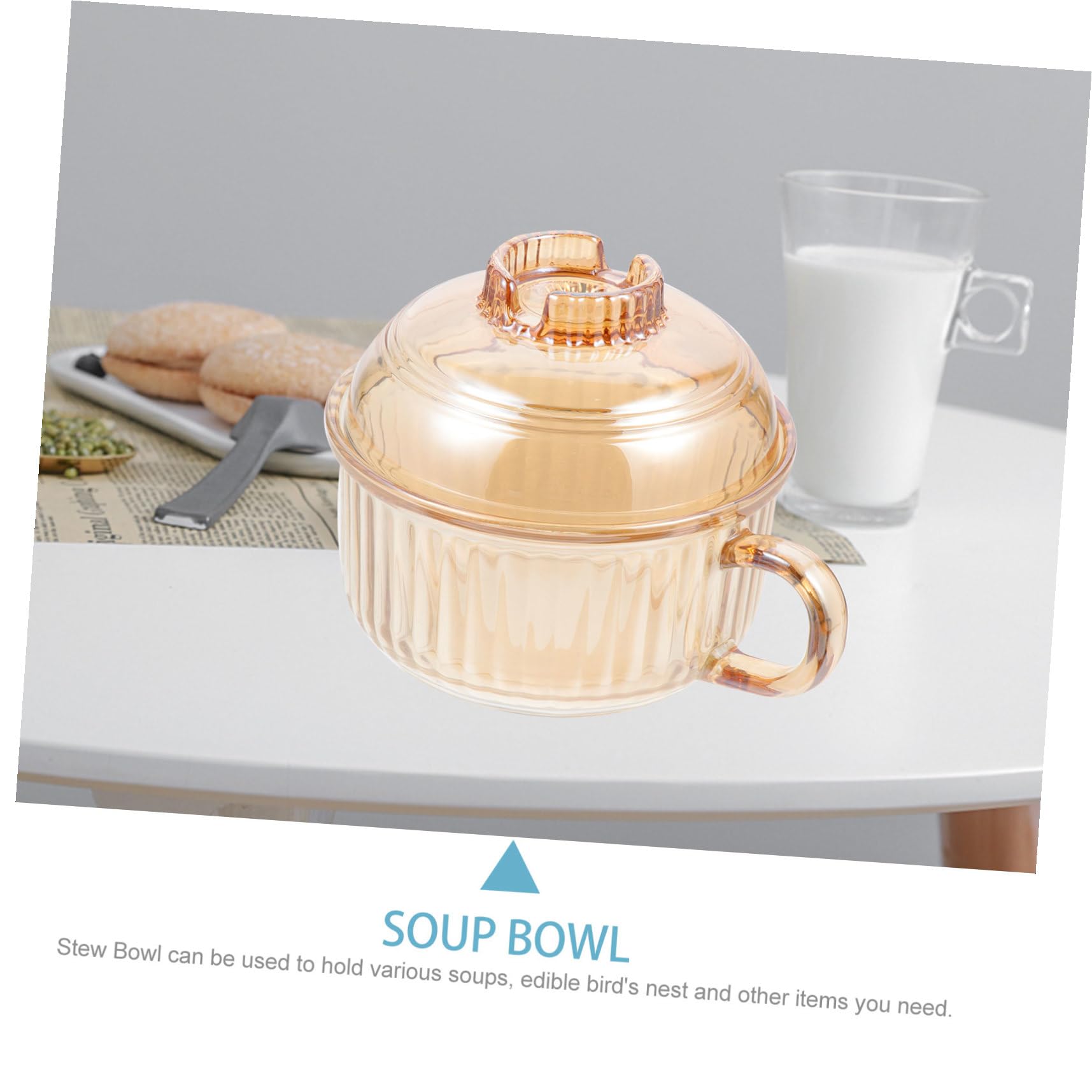 Tazón de Sopa para Ramen con Tapa y Asa 550 Ml Vidrio Ámbar Resistente al Microondas Multifunción para Cocina y Mesa Hogar Restaurante Juego de 1 Unidad