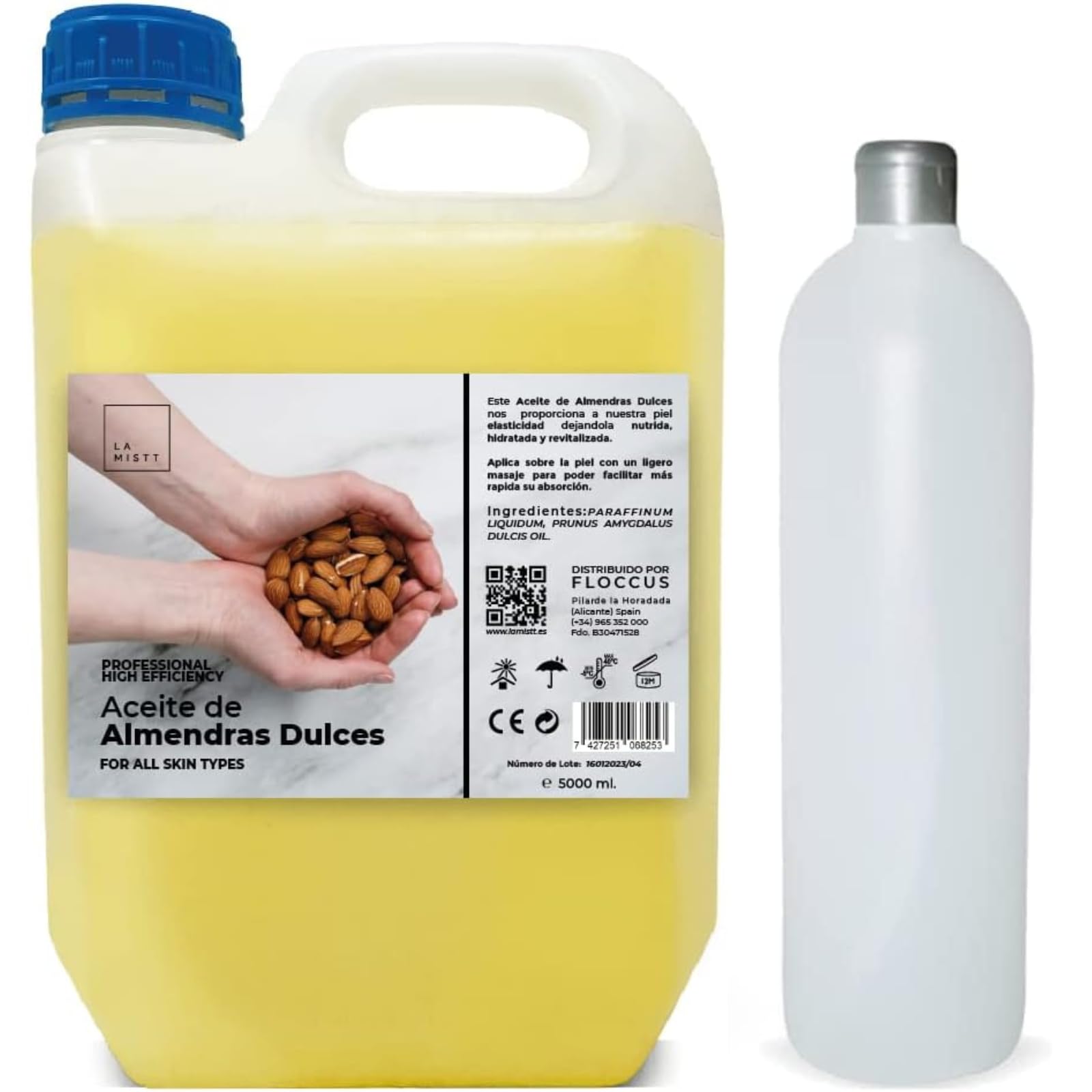 Aceite de Almendras Dulces 5 L + Botella Rellenable 500 ml | Aceite para Masaje Profesional