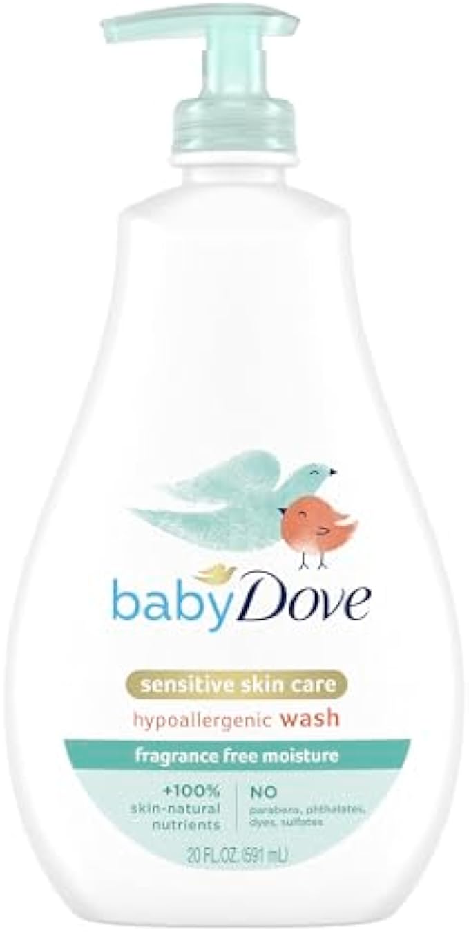 Baby Dove Sensitive Skin Care Baby Wash For Bath Time, Moisture Fragrance Free and Hypoallergenic, Washes Away Bacteria 20 oz