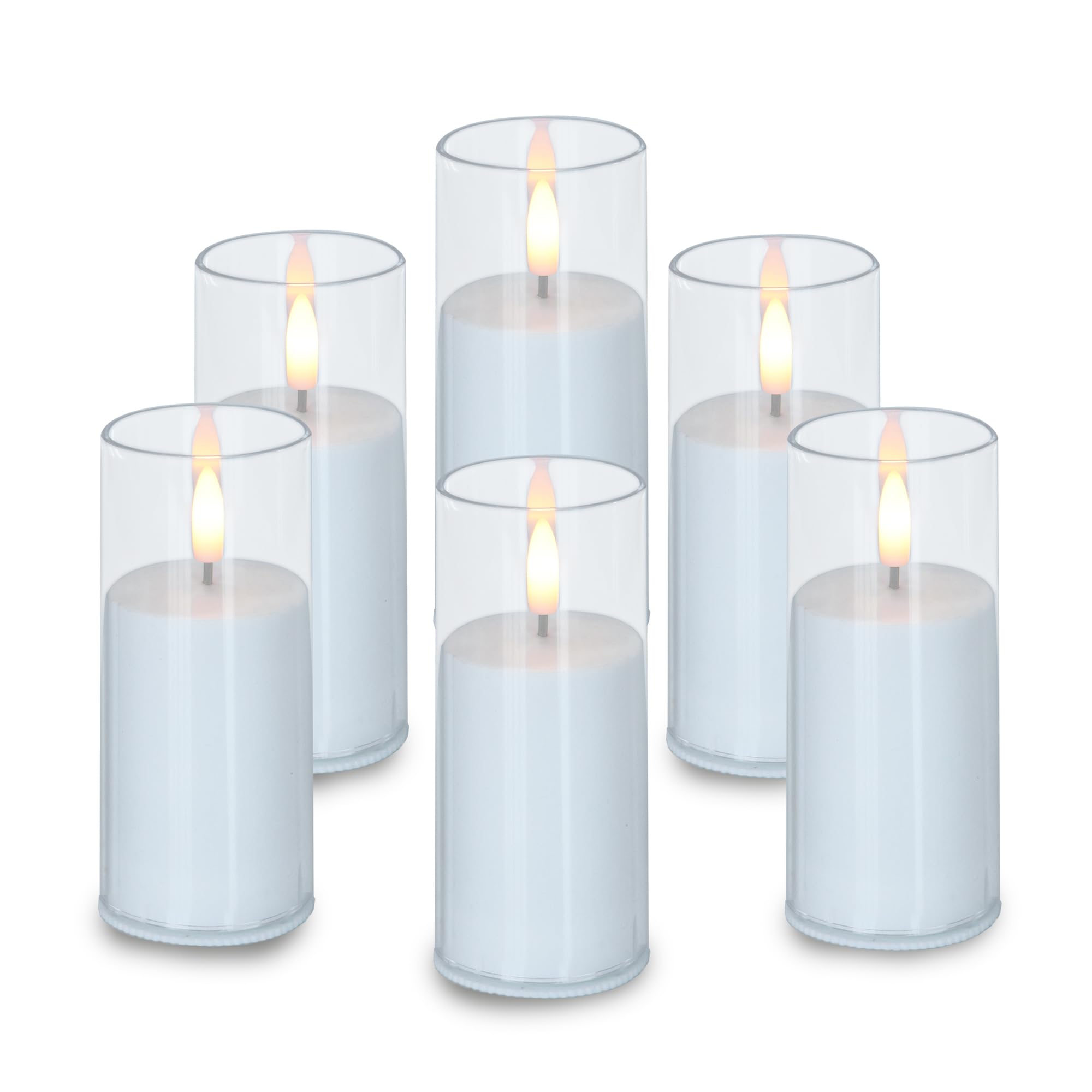 CANDLE CHOICE Indoor Outdoor Flameless Candles with Timer Waterproof Realistic Flickering Battery Operated Pillar LED Lights with Acrylic Shell Wedding Party Christmas Decorations 6 Pack 2”x5” Clear