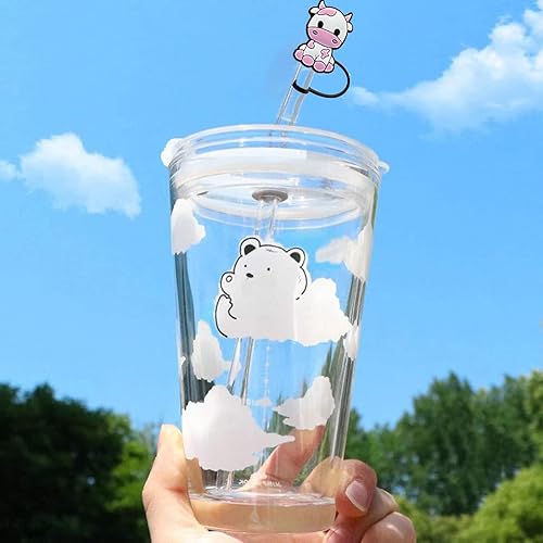 Miniatura 5 de 7 piezas de paja de vaca cubierta de paja de silicona para vasos, pajitas reutilizables, lindas puntas de paja cubierta