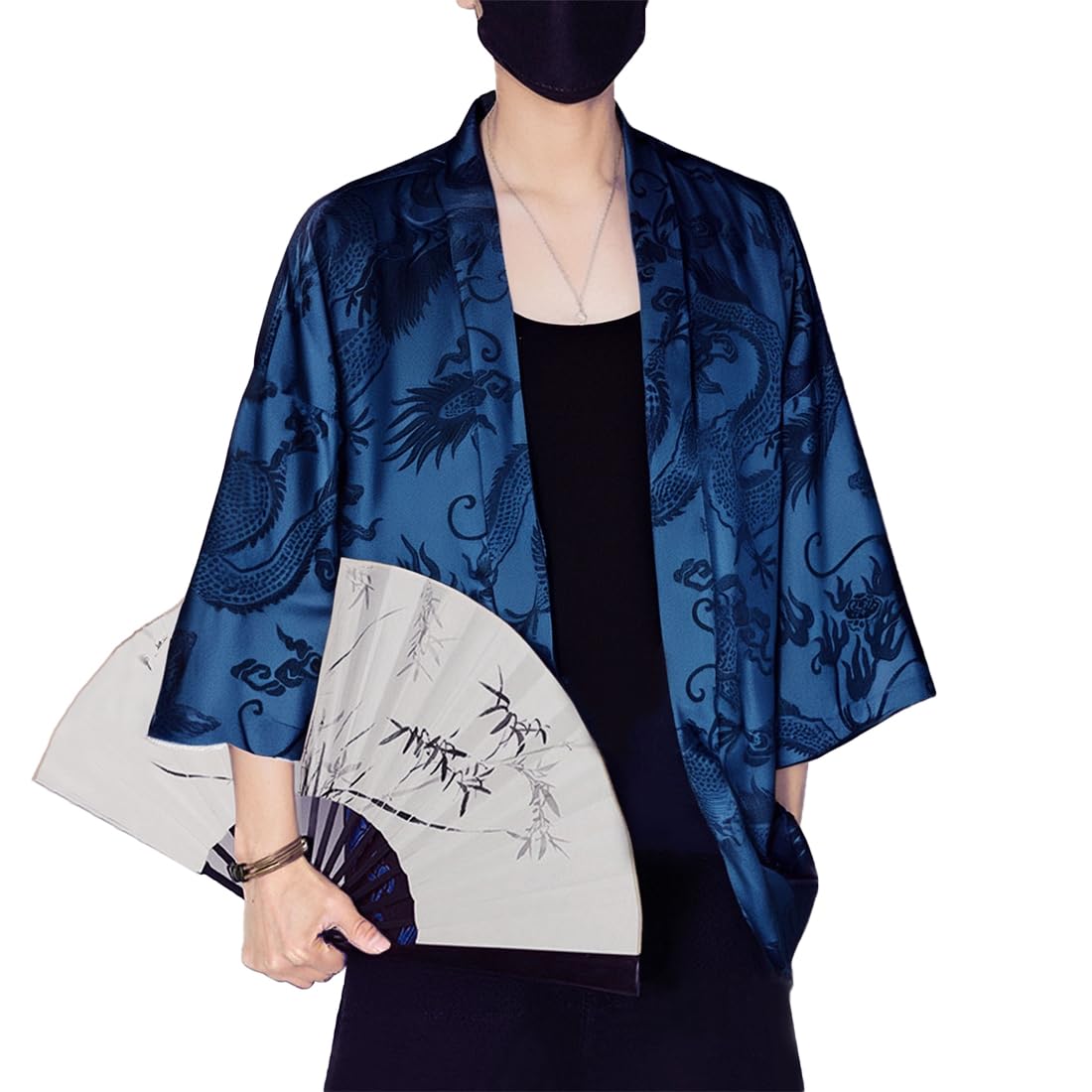HZCX FASHION Mens Silk Satin Robe Summer Lightweight Dragon Kimono Shirt Cardigan Open Front 3/4 Sleeve Hanfu Chinese Jacket(880 Blue,Small)