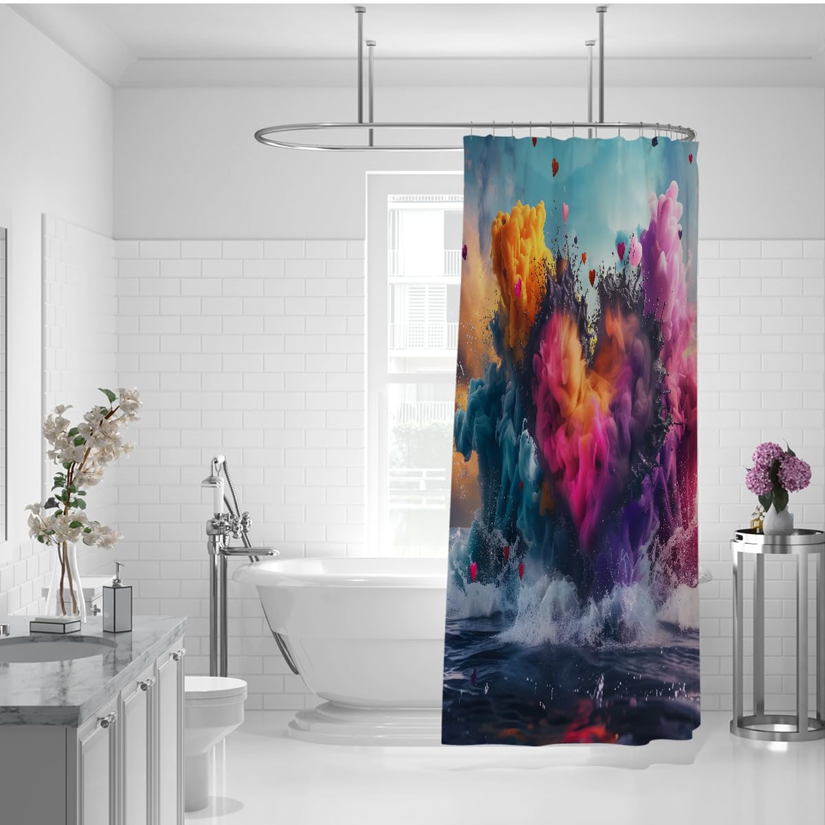 Farbenfrohe Splash Badezimmerdekoration Aquarell Love Explosion Duschvorhang Wasserdichter Stoff-Badevorhang Schnell trocknendes Polyester mit Haken 200 x 200 cm