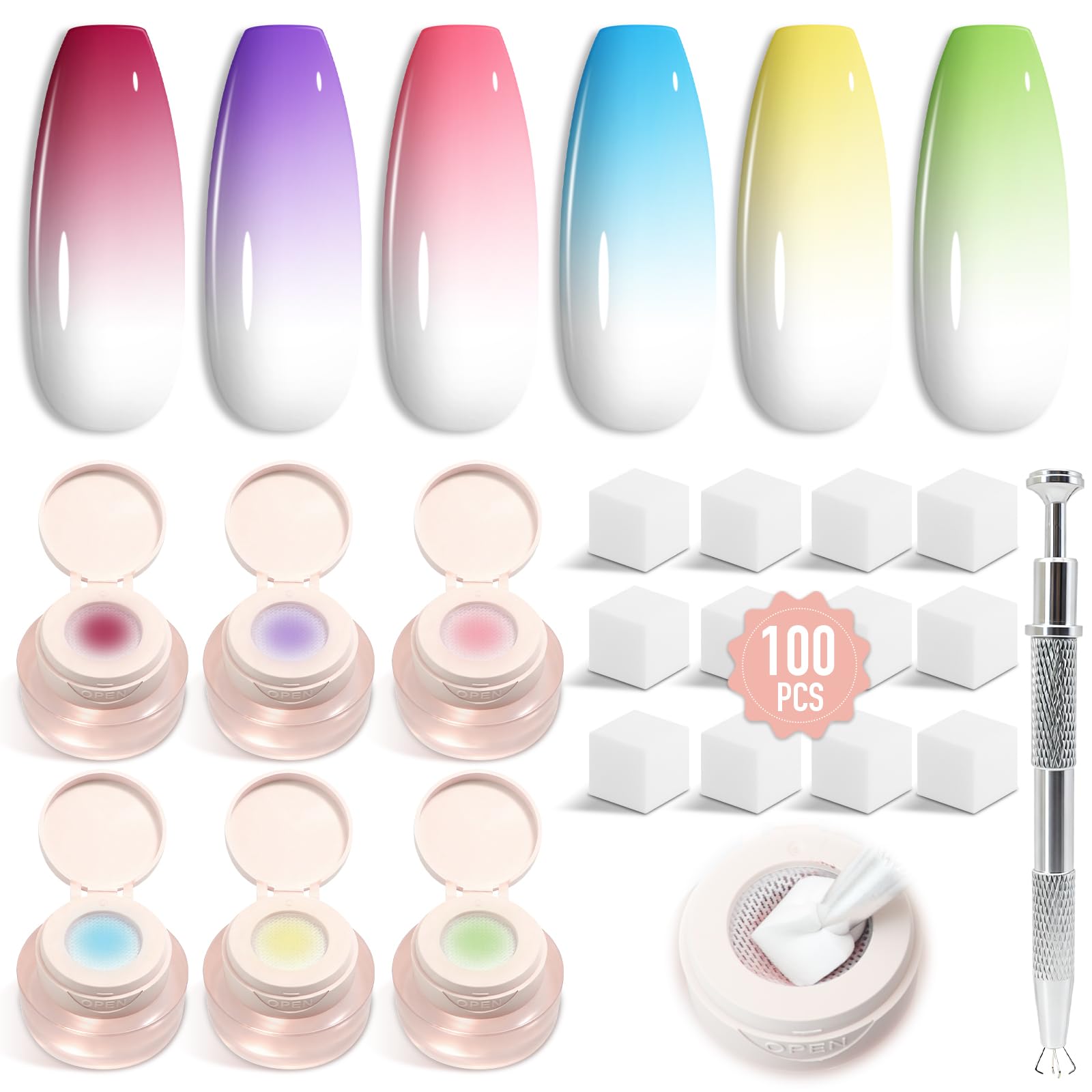 Shining She Ombre Gel Nagellack Set, 6 Farben Pastell Rot Rosa Gelb Grün Blau Lila Pat Painting Gel Nail polish Set für Farbverlauf Nageldesign mit Maniküre-Greifer und 100 Nail Art Schwämme