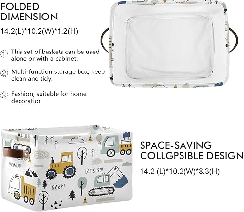 Miniatura 2 de Cute Cars Truck Tractor Large Storage Basket Crane Bulldozer Excavator Nursery Bins Collapsible Clothes Laundry Hamper with Handles for Home Living