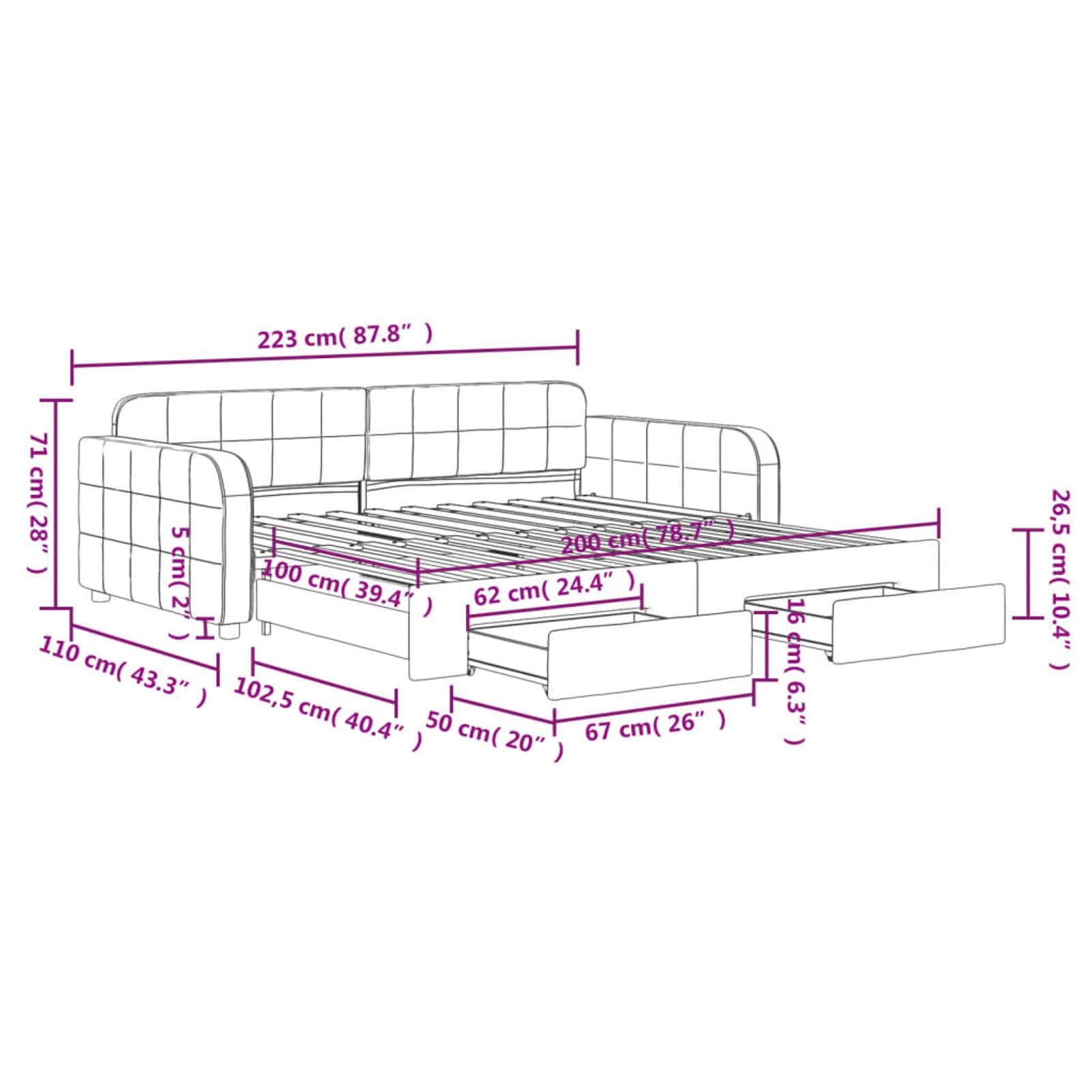 ATOMSTACK MAKER Sofa Cama Plegable 2 en 1 Negro de Terciopelo, Cama Diaria Extraíble 100 x 200 cm Con 2 Cajones Deslizantes, Estructura de Madera y Metal, Ideal para Salón o Dormitorio de Invitados