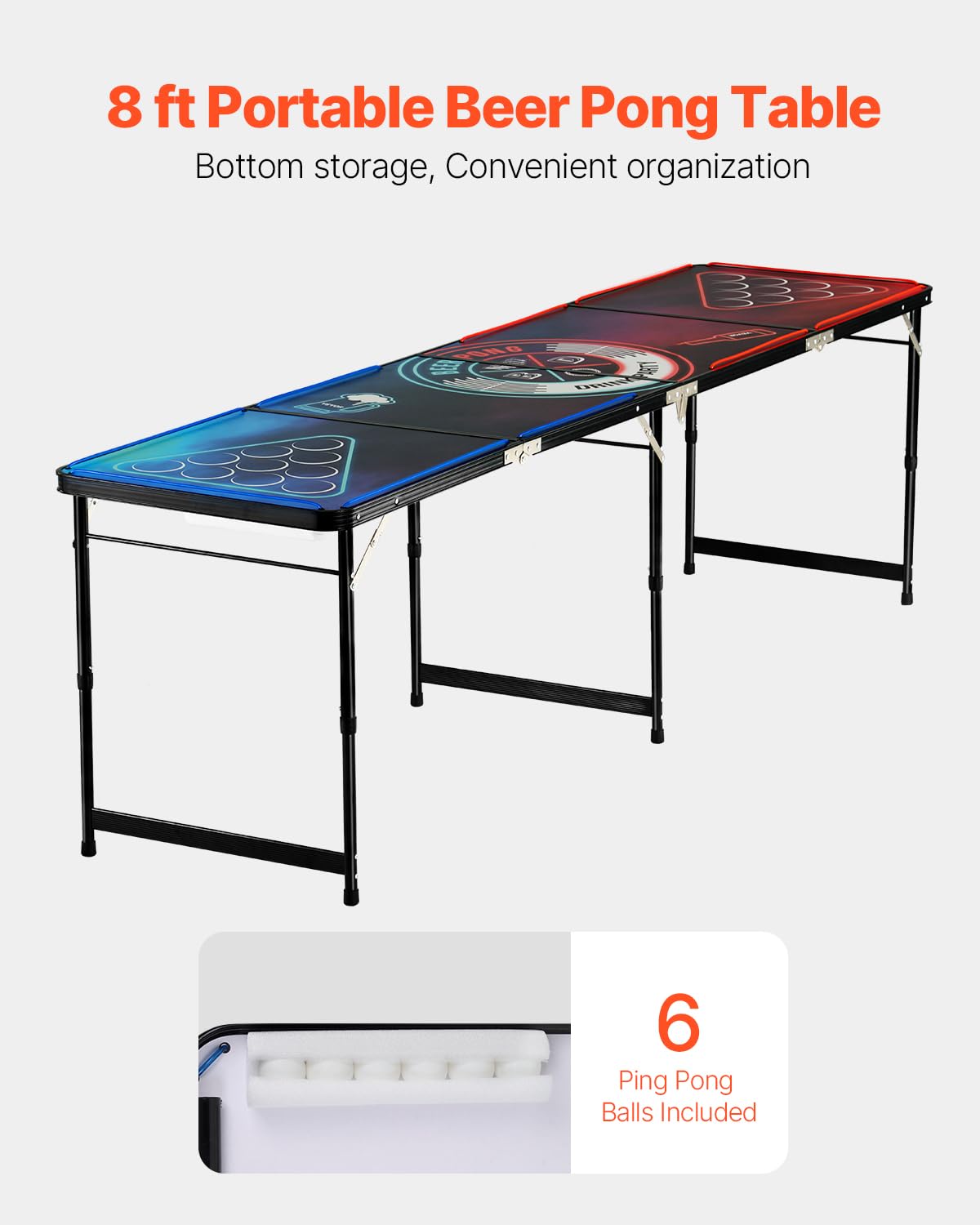 VEVOR Tavolo da Beer Pong Portatile 2,4 m con Luci a LED, Tavolo Pieghevole con Maniglia per Trasporto e 6 Palline da Pong, Altezza Regolabile 2 Livelli 710 mm 520 mm Carico Max 30 kg, Feste
