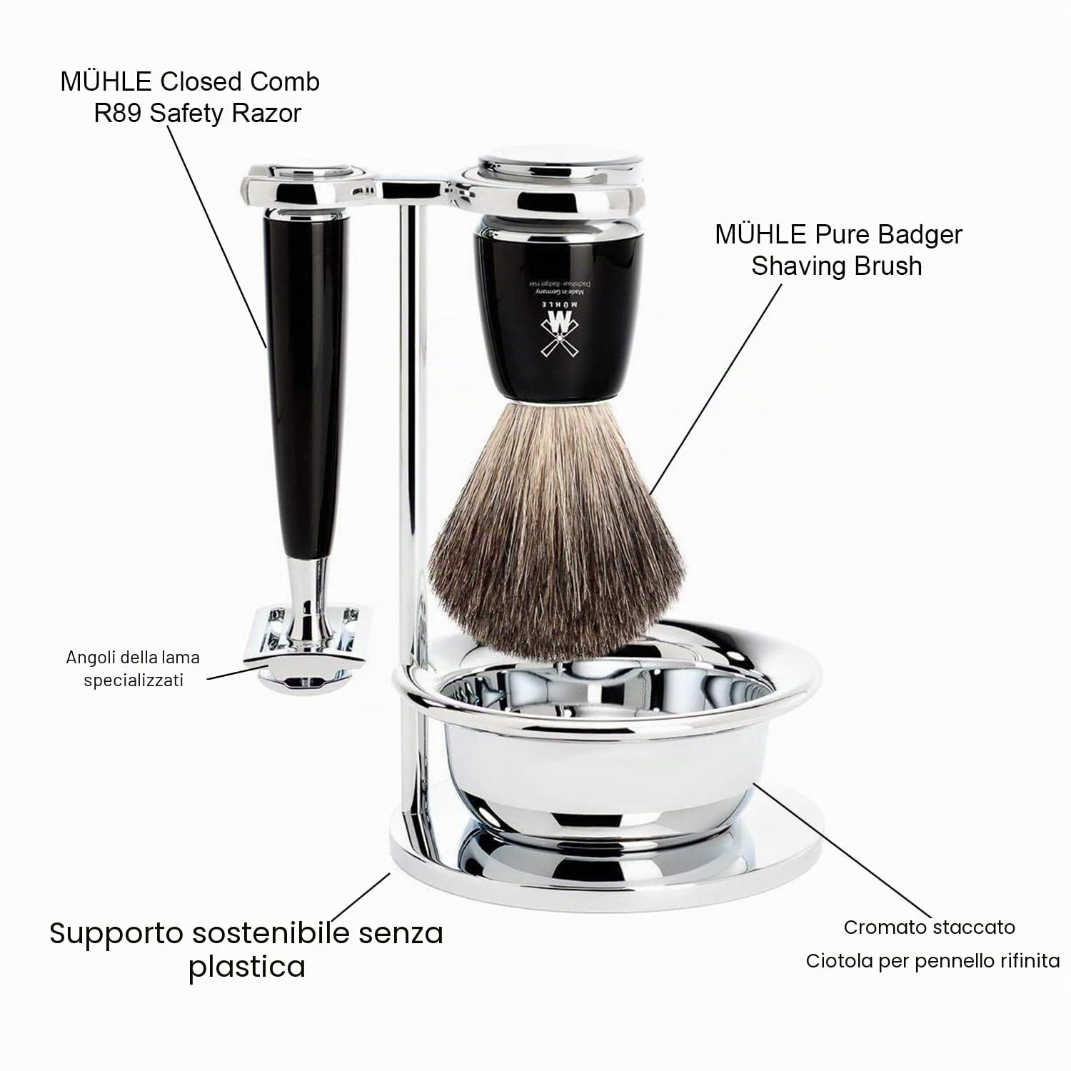 Mühle Rytmo - Set da rasatura con pelo di tasso puro, con rasoio, resina nobile nera