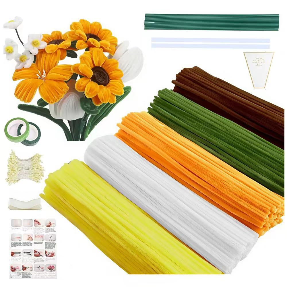 500 Stück Pfeifenreiniger Blumen Set mit Anleitung, Pfeifenputzer Zum Basteln, Pipe Cleaner Flower Set, Pfeifenputzer Blumen, Mit Blumenstöcke, Bänder, Staubgefäße Etc, Für DIY Basteln Und Dekorieren