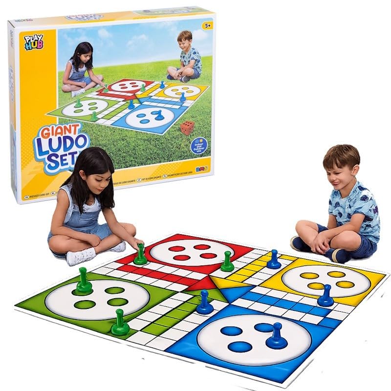 Giant Ludo Game 90cm x 90cm Play Mat - Indoor & Outdoor Family Fun Board Game - 4 Player Classic Ludo Set with Large Counters & Foam Die for Kids Aged 5+