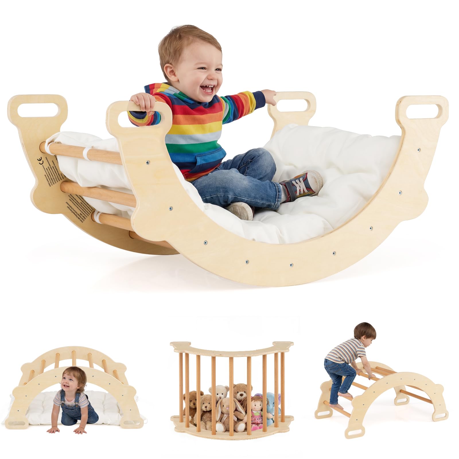 RELAX4LIFE 3 in 1 Arco da Arrampicata per Bambini con Cuscino Morbido, Triangolo da Arrampicata in Legno, Tunnel per Gattonare, Altalena da Interno per Bambini 1+ Anno, 81 x 50,5 x 38 cm (Naturale)