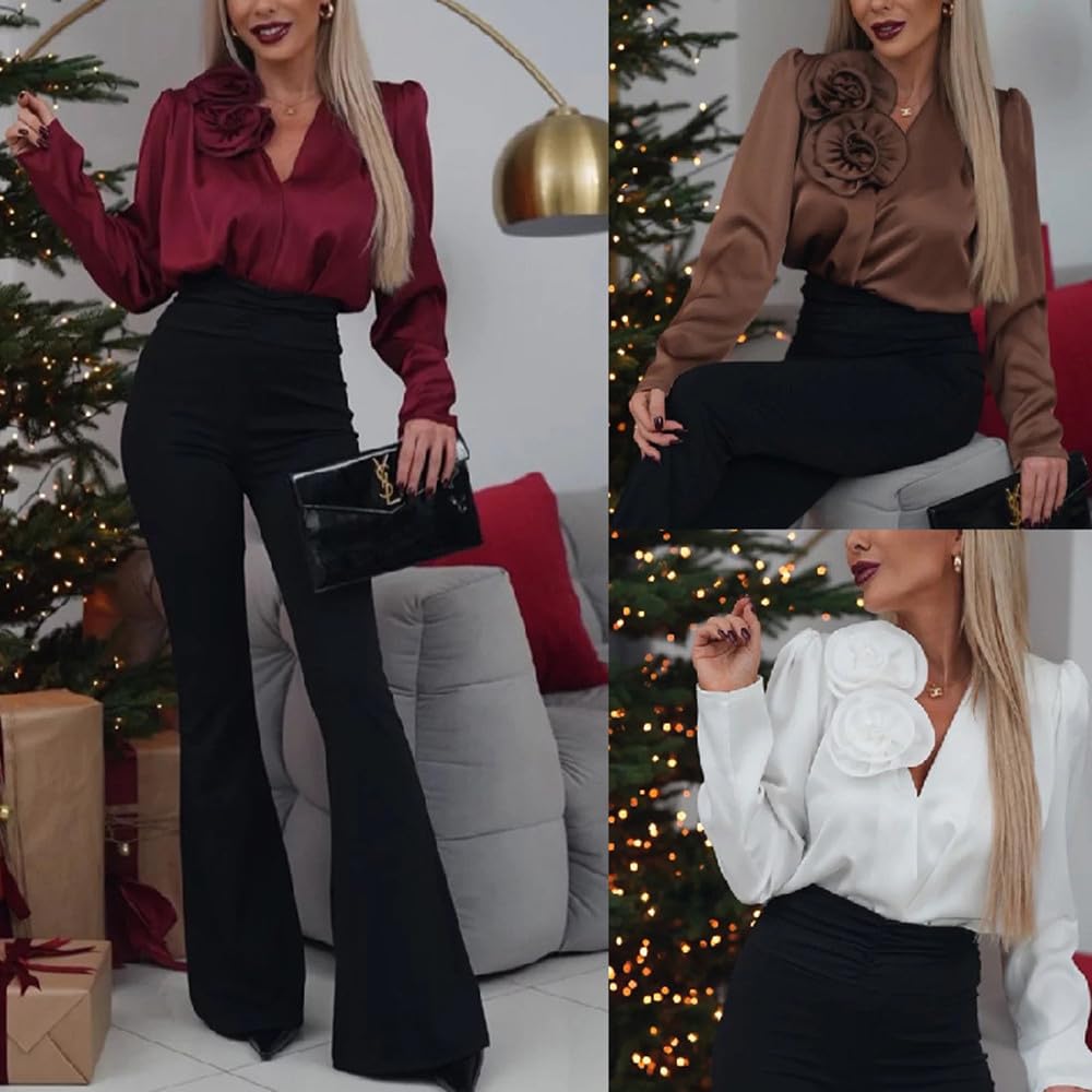 Blusa de satén de Lujo con Escote en V para Mujer, Camisa Elegante de Seda con Adornos de Rosas, Blusa de Manga Larga para Trabajo de Oficina