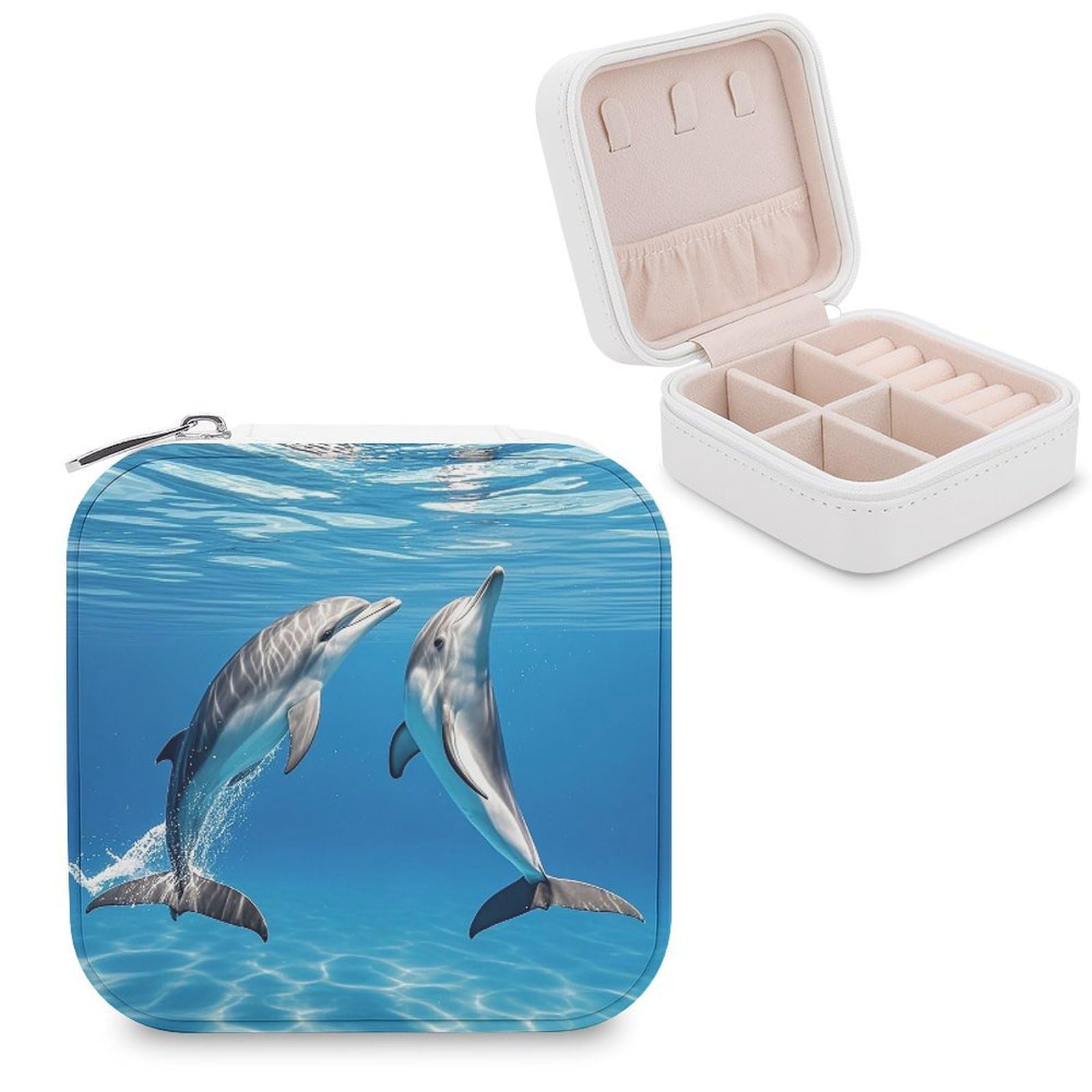 FekiLoot Two Dolphins Jewelry Case Leather Jewelry Organizer Travel Jewelry Case Portable Small Jewelry Box Mini Display Storage Box Trinket Organizer for Ring Earring Necklace