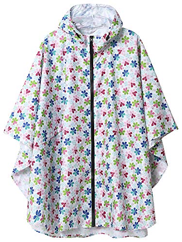 Summer Mae Impermeable Lluvia Poncho Chaqueta de Abrigo con Capucha Colorblock（Flor Blanca）