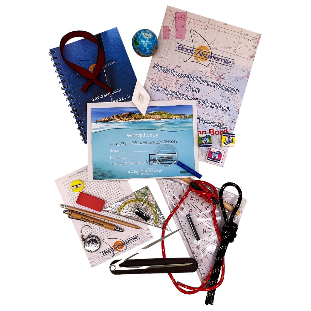 Navigations-Komplettset SBF See & SKS – Kursdreieck, Anlegedreieck, Marinezirkel, Navigationsaufgaben mit Lösungen, Skipperhandbuch, Knotenstab, 2 Leinen, Lupe, Kompass & 50-Euro-Wertgutschein