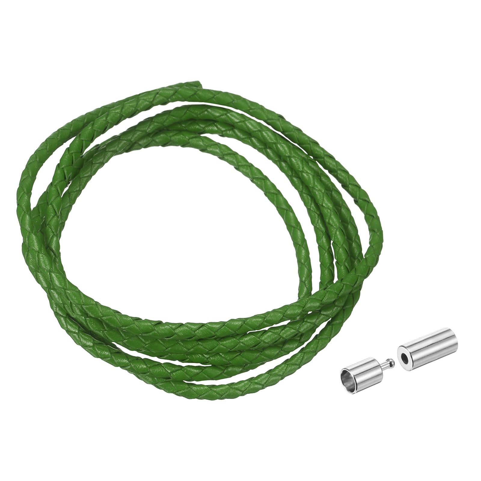 sourcing map Braided Genuine Leather Cord, 3mm 1.1 Yard Round Braiding String with Buttons, Leather Bolo Tie Cord for Crafting, Jewelry Making, Bracelets, Home Decoration, Grass Green