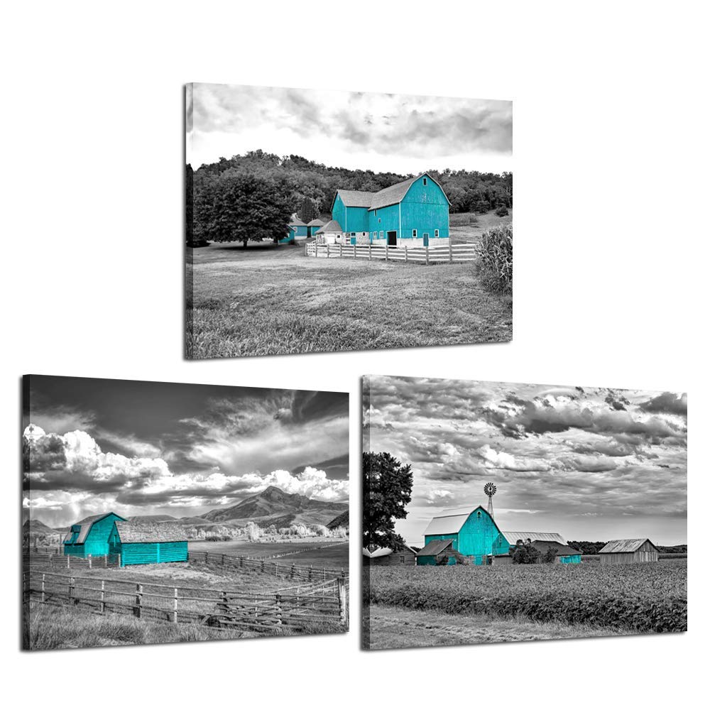 iKNOW FOTO 3pcs Black and Teal Canvas Prints Wall Art Beautiful Scenery of Windmill and Barn on a Cloudy Day Pictures Wooden Framed Art Work Framhouse Posters Modern Home Decor