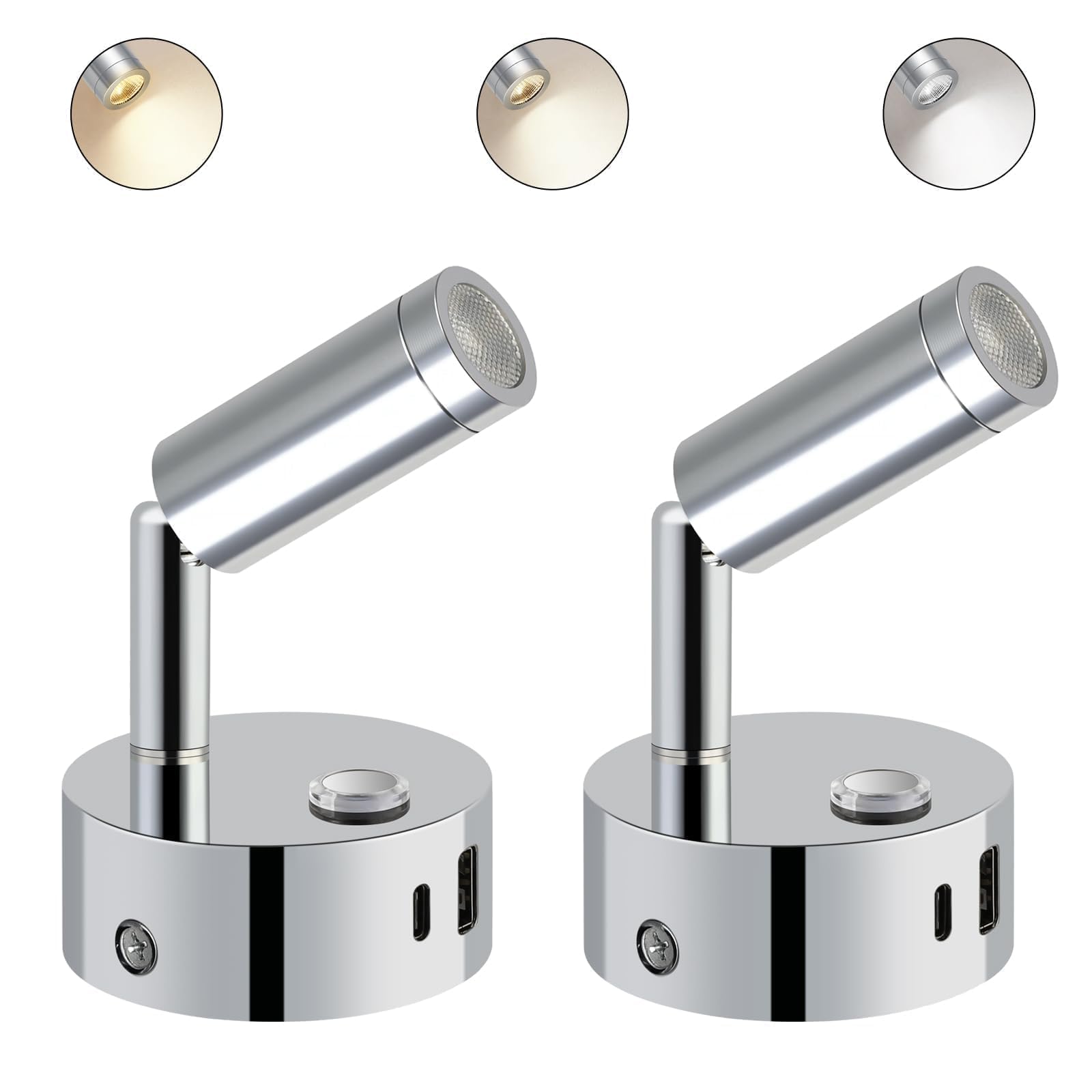 ERWEY 2pcs Lampe de lecture LED 12V camping-car,Applique murale lampe de lit avec interrupteur Touch Dimmable 3000K-6000K, DC 12V-24V avec connecteurs USB A+C pour bateau voiture van yacht, argent