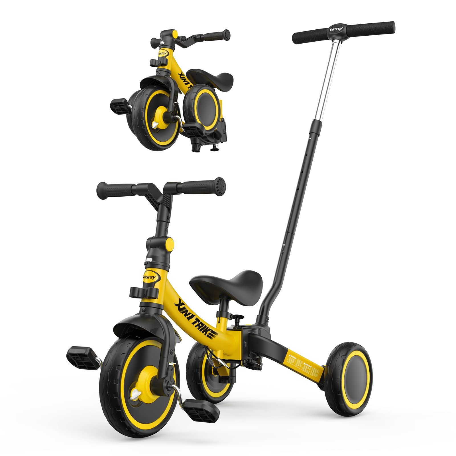 besrey 5 in 1 Toddler Bike for 10 Month to 4 Years Old Kids, Toddler Tricycle Kids Trikes Tricycle, Gift & Toys for Boy & Girl, Balance Training, Removable Pedals (Yellow With Push Handlebar)