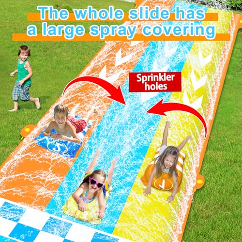 25FT Extra Long Water Slide for Kids, Race Car Triple Lane Lawn Water Slip and WaterSlides with 3 Bodyboards, Safety Fence, Heavy-Duty Outdoor Water Slides for Adults Backyard Sprinkler Summer Toys