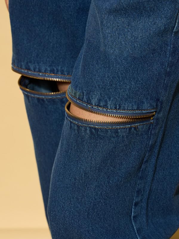 Image of Blue Zipper Design Baggy Jeans