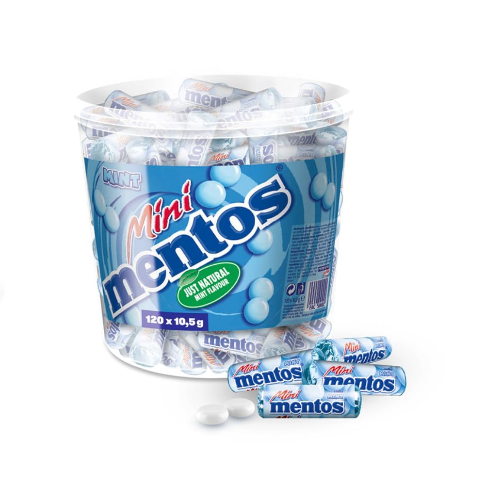 Mentos Mint Classic Bucket, Eimer enthält 120 Mini-Rollen à 5 Minz-Dragees, Kaubonbons mit Pfefferminz-Geschmack, Aufbewahrungs-Box (120 Mini Rollen), vegan
