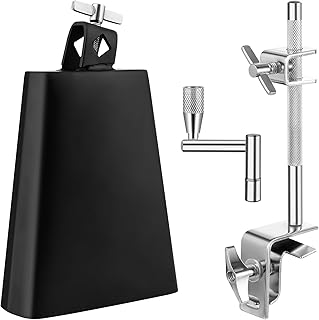 6 Inch Cowbell and Cowbell Clamp, Cowbell Holder Percussion Accessory for Drum Sets, Adjustable Standard Cowbell Mount Holder, Bass Drum Hoop Up or Down Drum Key