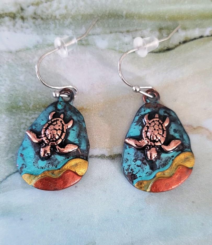 DianaL Boutique Sea Turtle Earrings Dangle Metal Casting Patina Copper Finish4