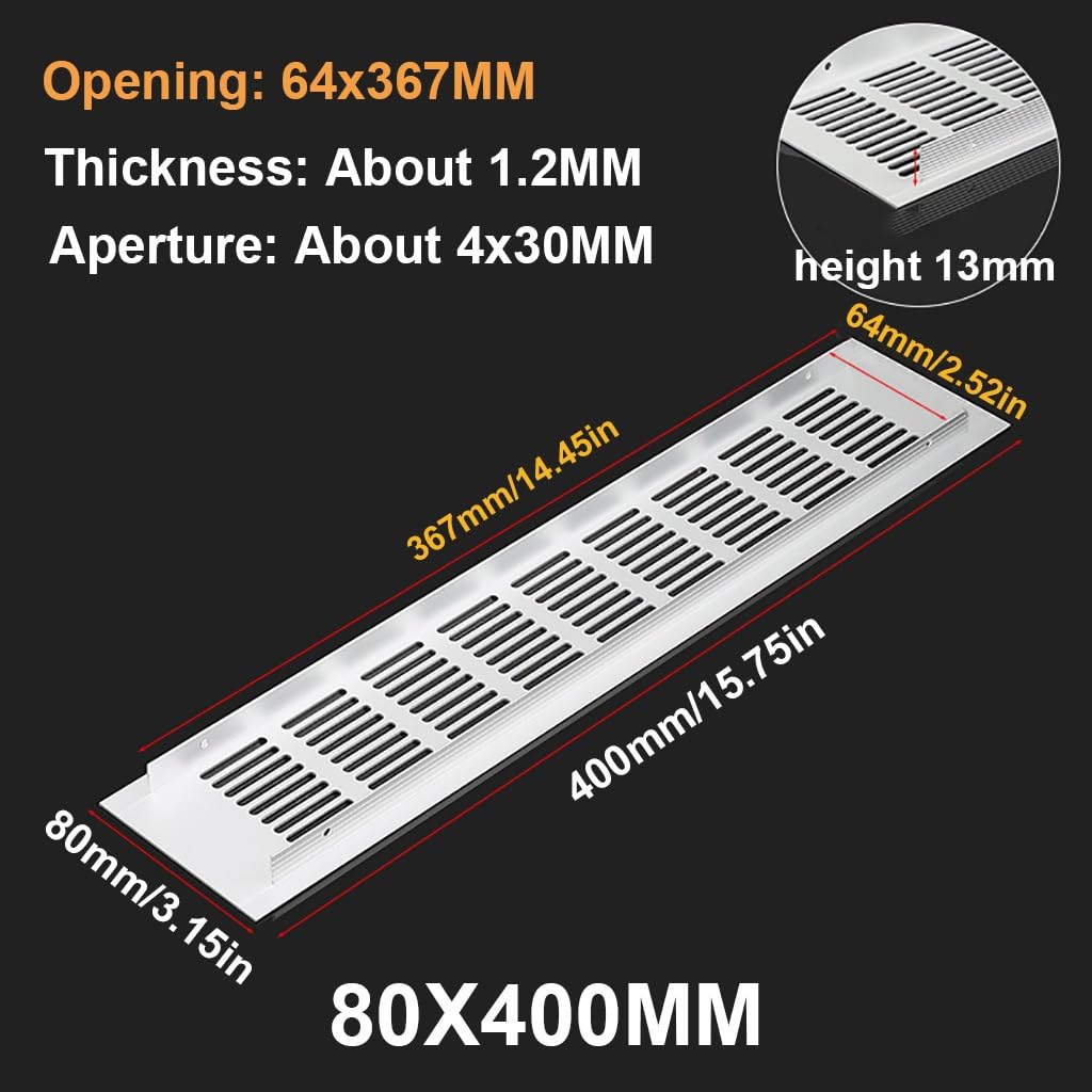 Prostokątna osłona kratki wentylacyjnej ze stopu aluminium | Aluminium, wiele rozmiarów, zastosowanie: zlew, kuchnia, łazienka, szafka, sufit, podłoga(80x400mm)