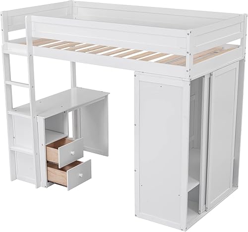 Miniatura 79 de Quarte Cama alta multifuncional, cama alta tamaño matrimonial con escritorio integrado y estantes de almacenamiento, dos cajones y escalera de