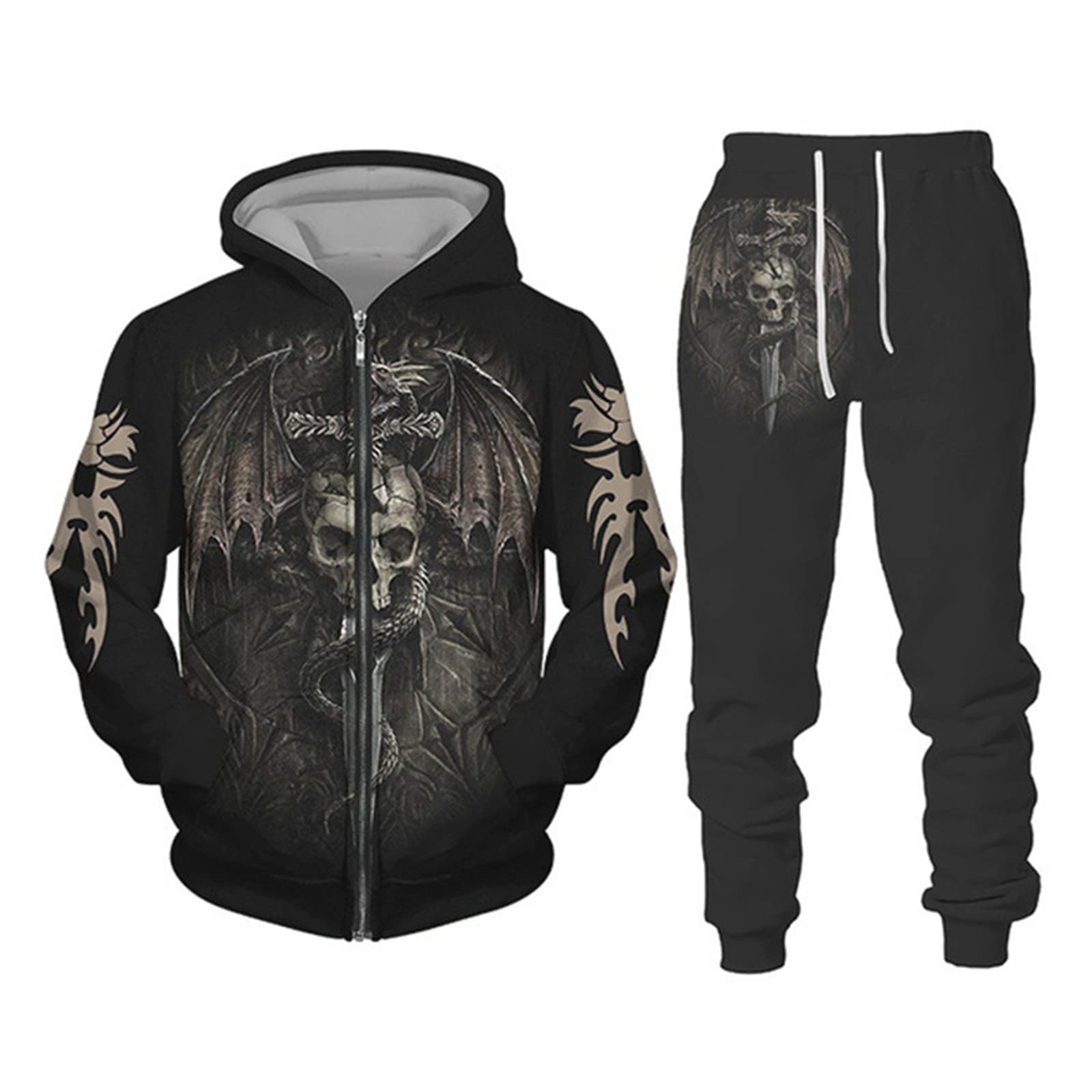 Wavotiq Men's # 4 Tracksuit Two Piece Set Viking Dragon 3D Printed Hoodie And Joggers Set Fashion Zip Up Sportswear Set