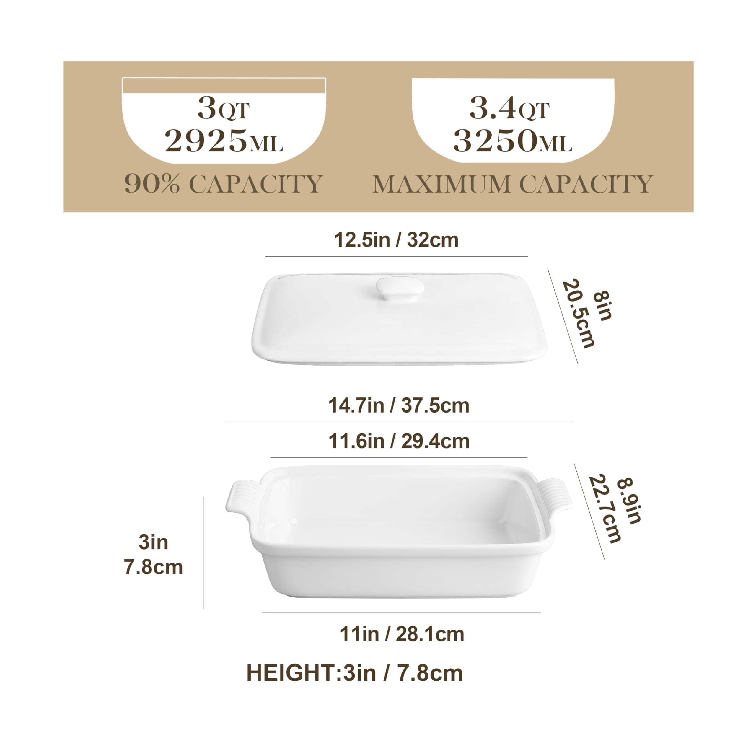 MALACASA Teglia da Forno in Porcellana 2925 ml con Coperchio e Manici, 37,5 x 22,7 x 7,8 cm, Pirofila Rettangolare per Lasagne, Arrosti e Verdure al Forno, Adatta alla Lavastoviglie, Bianca