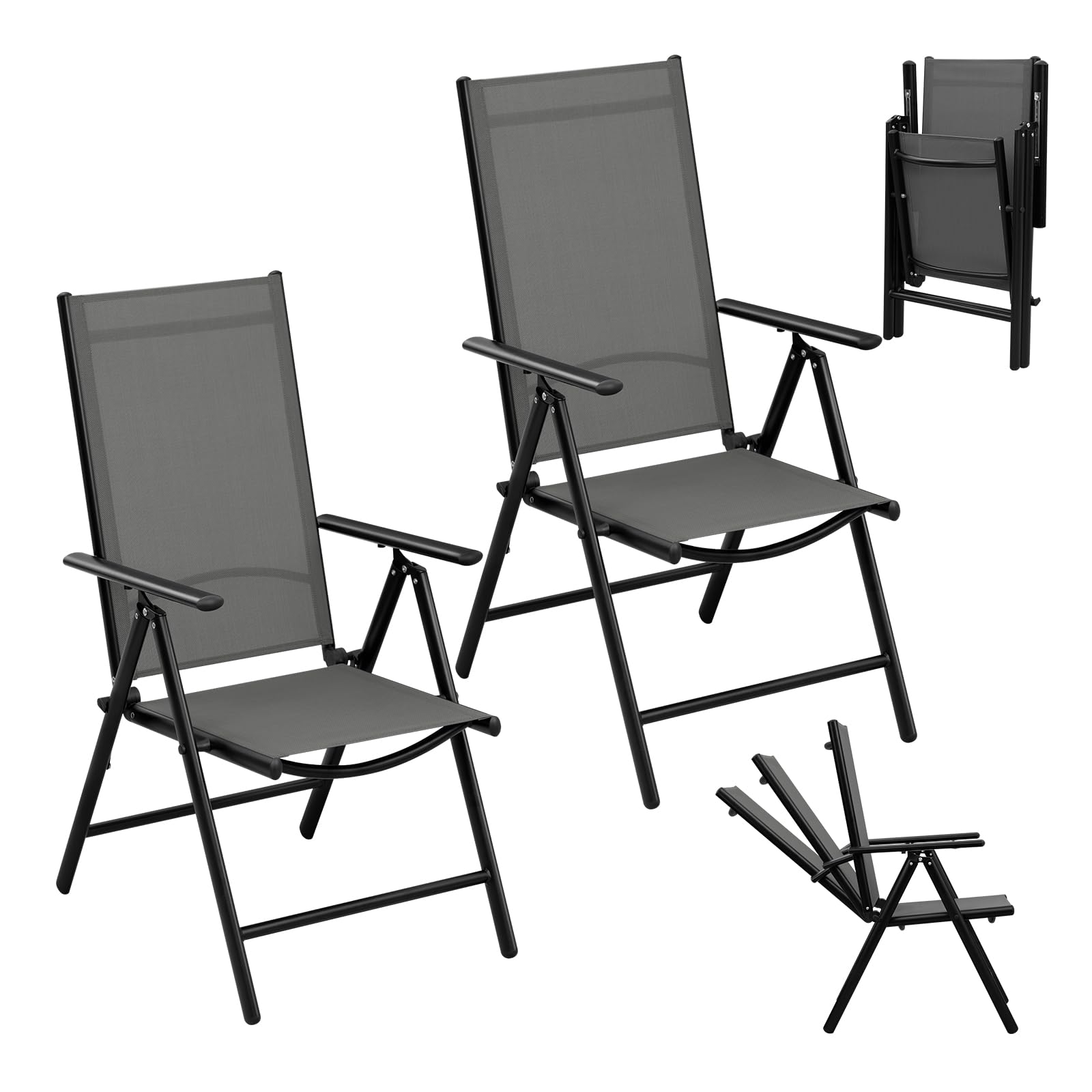 Set 2 Sillas Jardín Exterior, Sillas Terraza con Respaldo Reclinable en 7 Niveles, Sillón Plegable con Reposabrazos, Estructura de Metal, Carga 150 kg, para Jardín Balcón Terraza, Negro+Gris